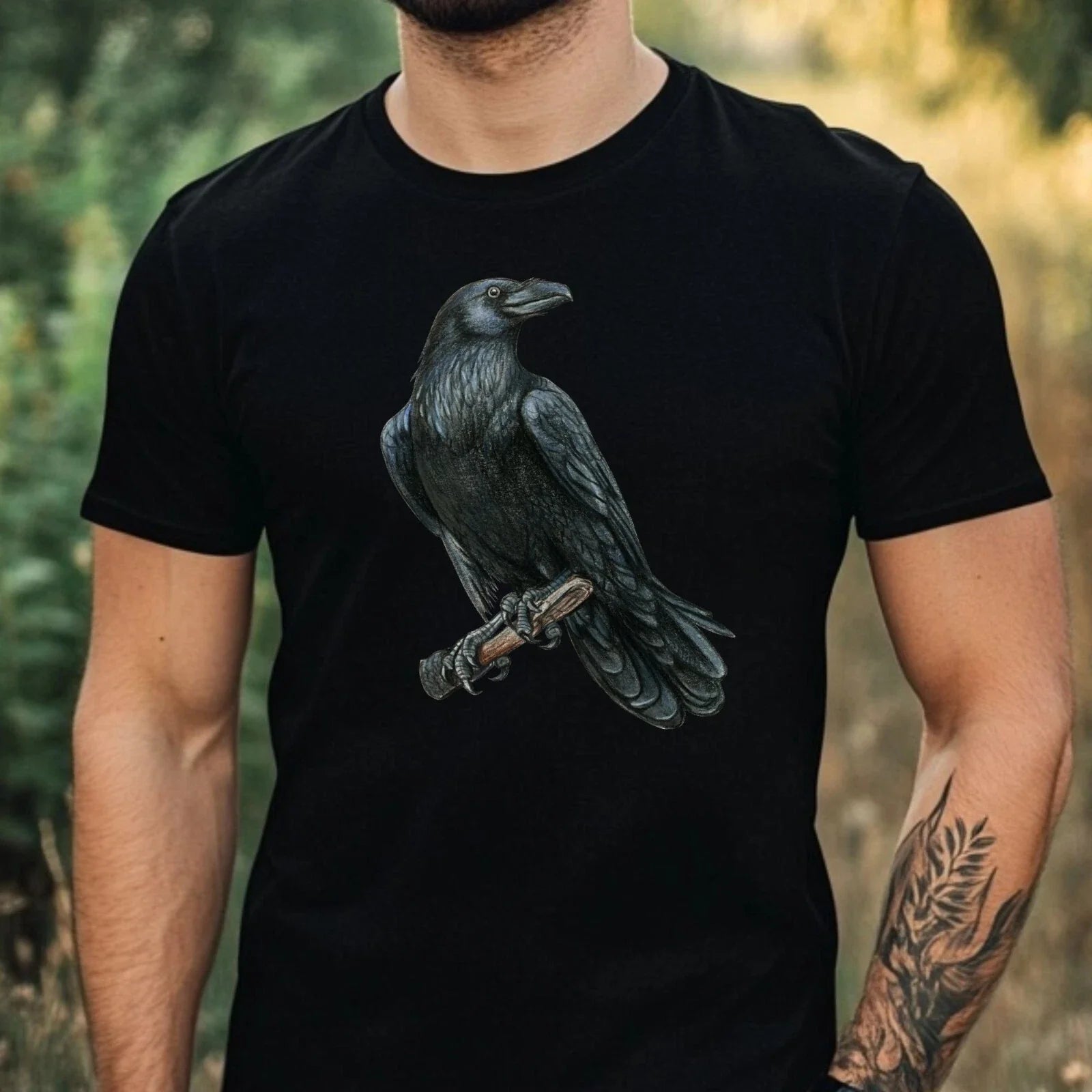 Mens Black Raven Motif Cotton T-Shirt Size XS to 5XL Unisex T-shirt, Sweatshirt, Hoodie, Long Sleeve Tee - T-Shirt, Sweatshirt, Hoodie