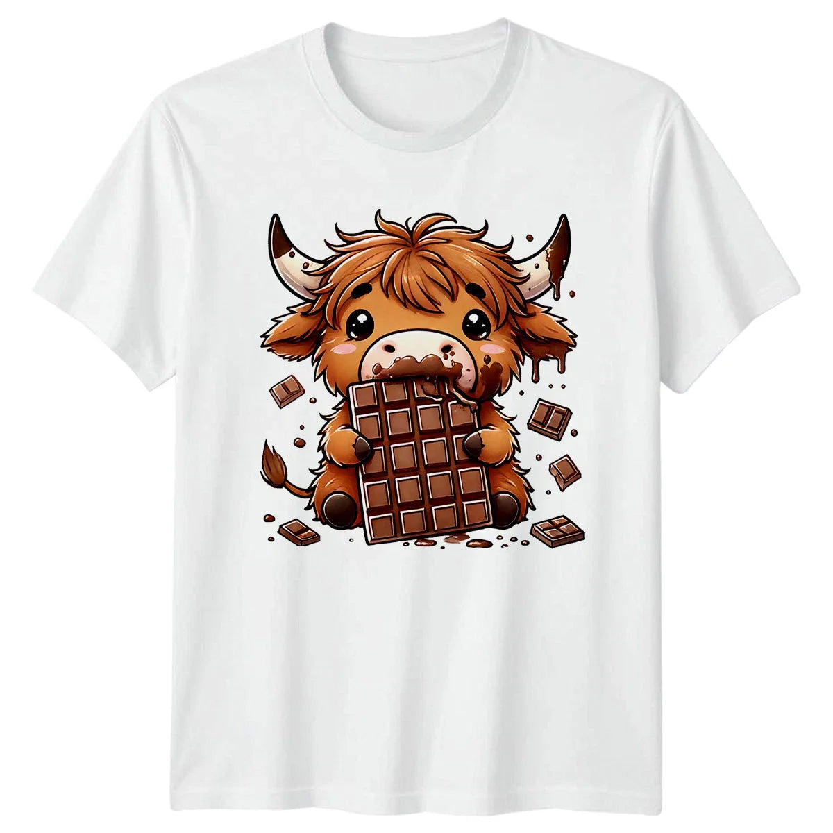 Highland Cow Eating Chocolate T-Shirt Kawaii Cattle Animal Gift For Him Unisex T-shirt, Sweatshirt, Hoodie, Long Sleeve Tee - T-Shirt, Sweatshirt, Hoodie