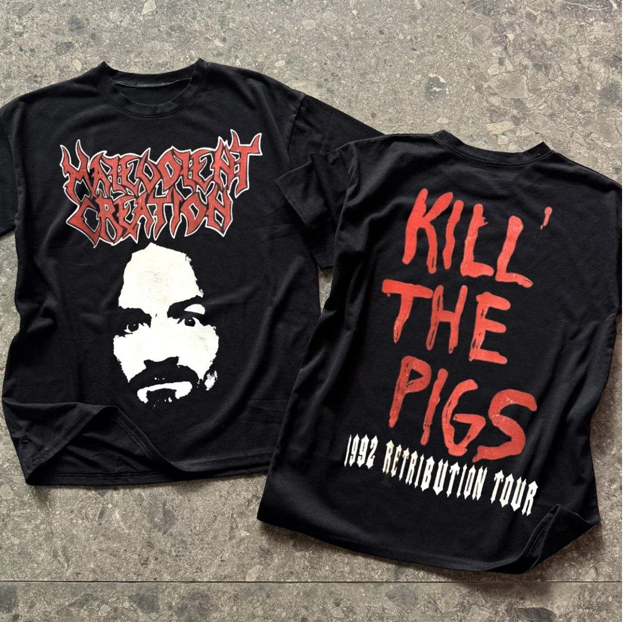2 Sided Malevolent Creation Chaos Charles Manson Kill The Pigs T-Shirt Unisex T-shirt, Sweatshirt, Hoodie, Long Sleeve Tee - T-Shirt, Sweatshirt, Hoodie