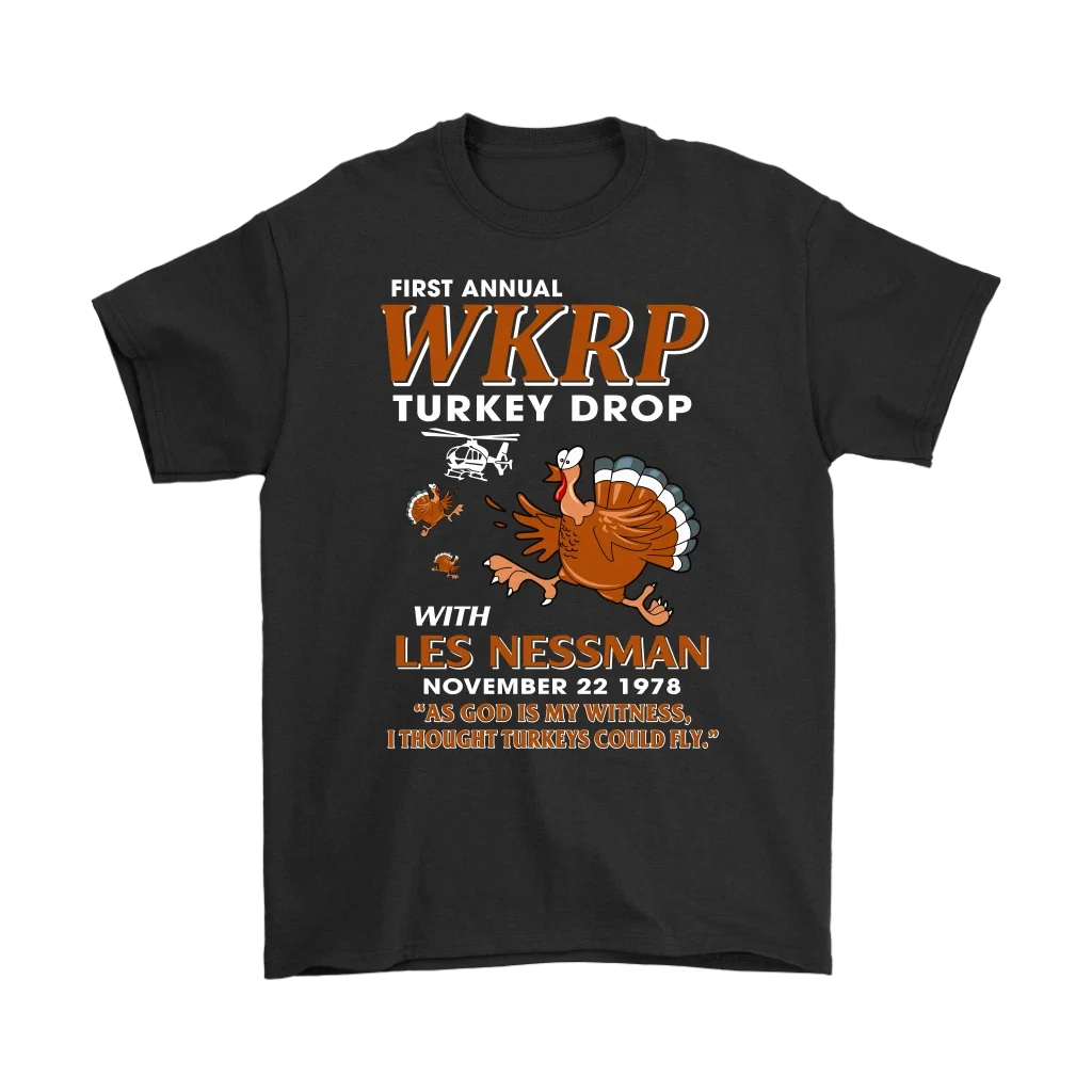 WKRP Turkey Drop with Les Nessman Funny T-shirts - Thanksgiving Day T Shirt Gift Unisex T-shirt, Sweatshirt, Hoodie, Long Sleeve Tee - T-Shirt, Sweatshirt, Hoodie