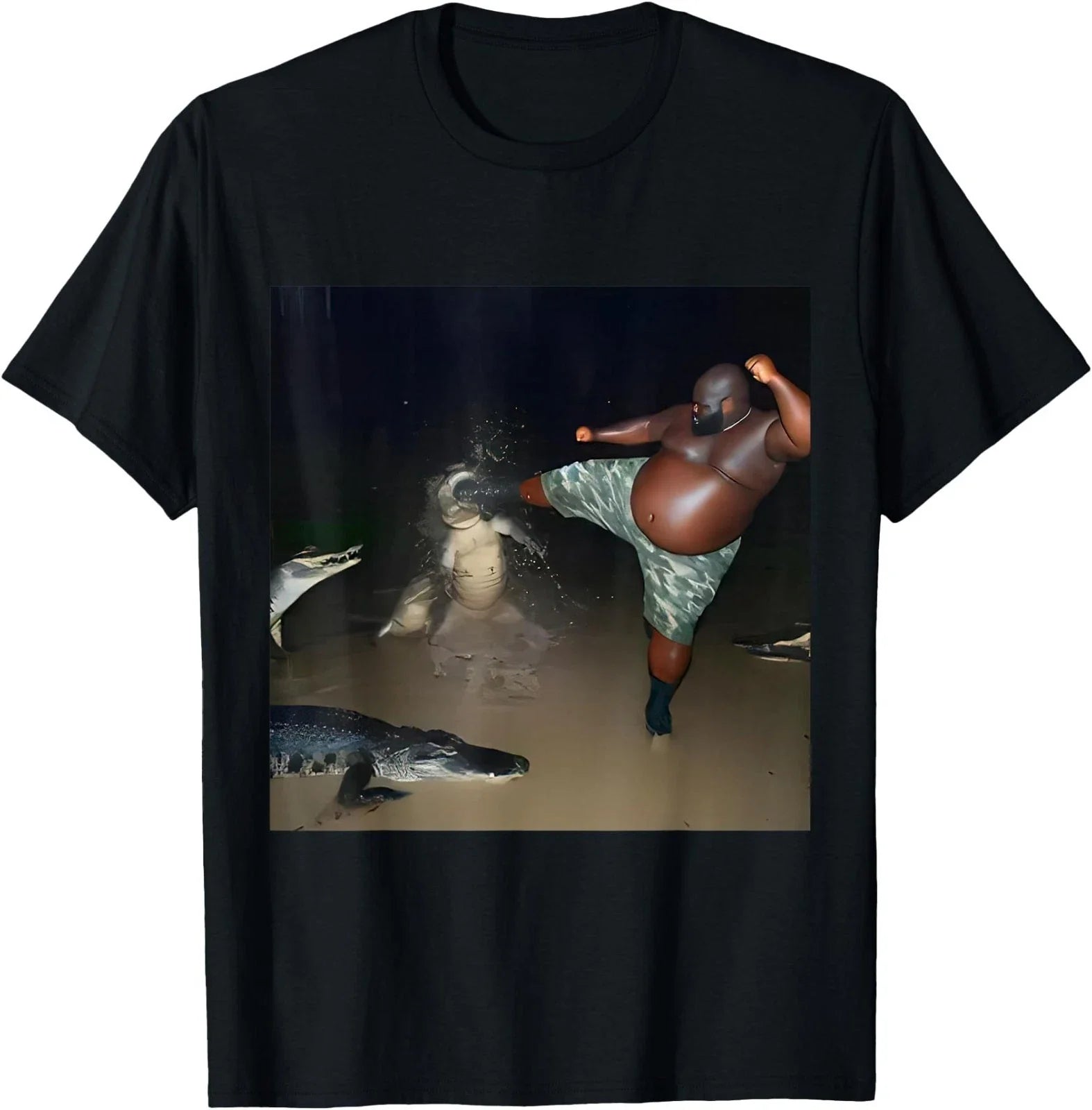 Man Kick Alligator in Swamp Funny Oddly Specific Meme T-Shirt Unisex T-shirt, Sweatshirt, Hoodie, Long Sleeve Tee - T-Shirt, Sweatshirt, Hoodie