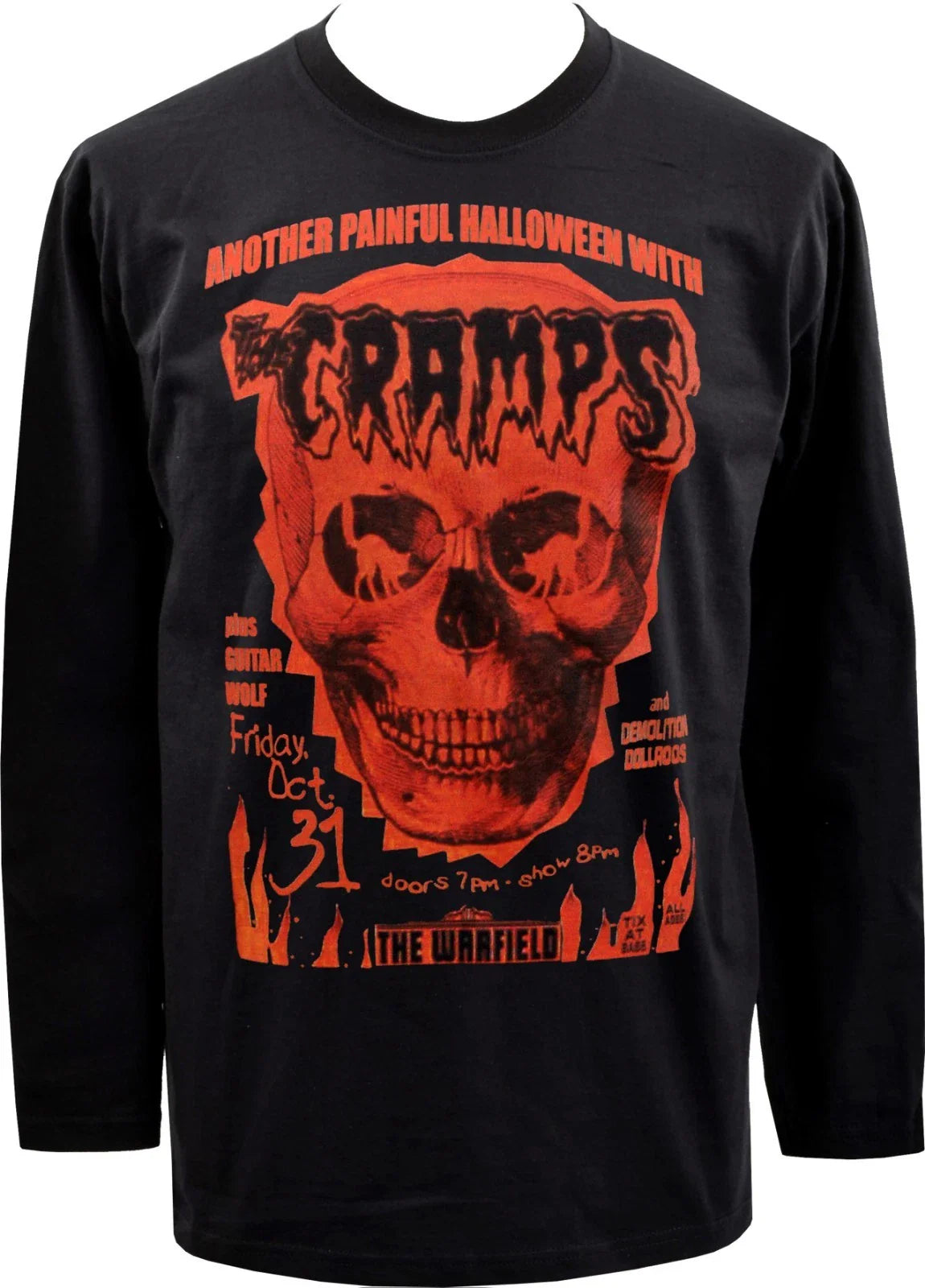 MENS LONG SLEEVE TOP THE CRAMPS HALLOWEEN SKULL FLAMES PSYCHOBILLY GIG FLYER 80s Unisex T-shirt, Sweatshirt, Hoodie, Long Sleeve Tee - T-Shirt, Sweatshirt, Hoodie