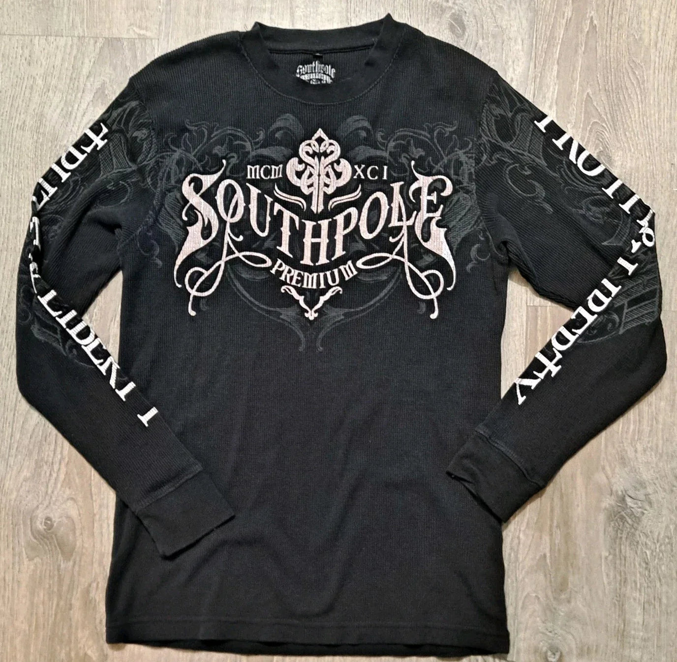 Vintage Southpole Shirt Mens M Black Y2K Grunge Thermal Waffle Knit Long Sleeve Unisex T-shirt, Sweatshirt, Hoodie, Long Sleeve Tee - T-Shirt, Sweatshirt, Hoodie