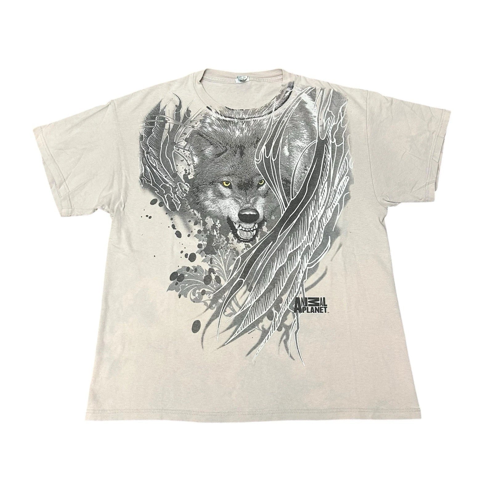 Vintage Y2K Tribal Animal Planet Wolf T-shirt Sz L Cyber Tattoo Worn Distressed Unisex T-shirt, Sweatshirt, Hoodie, Long Sleeve Tee - T-Shirt, Sweatshirt, Hoodie