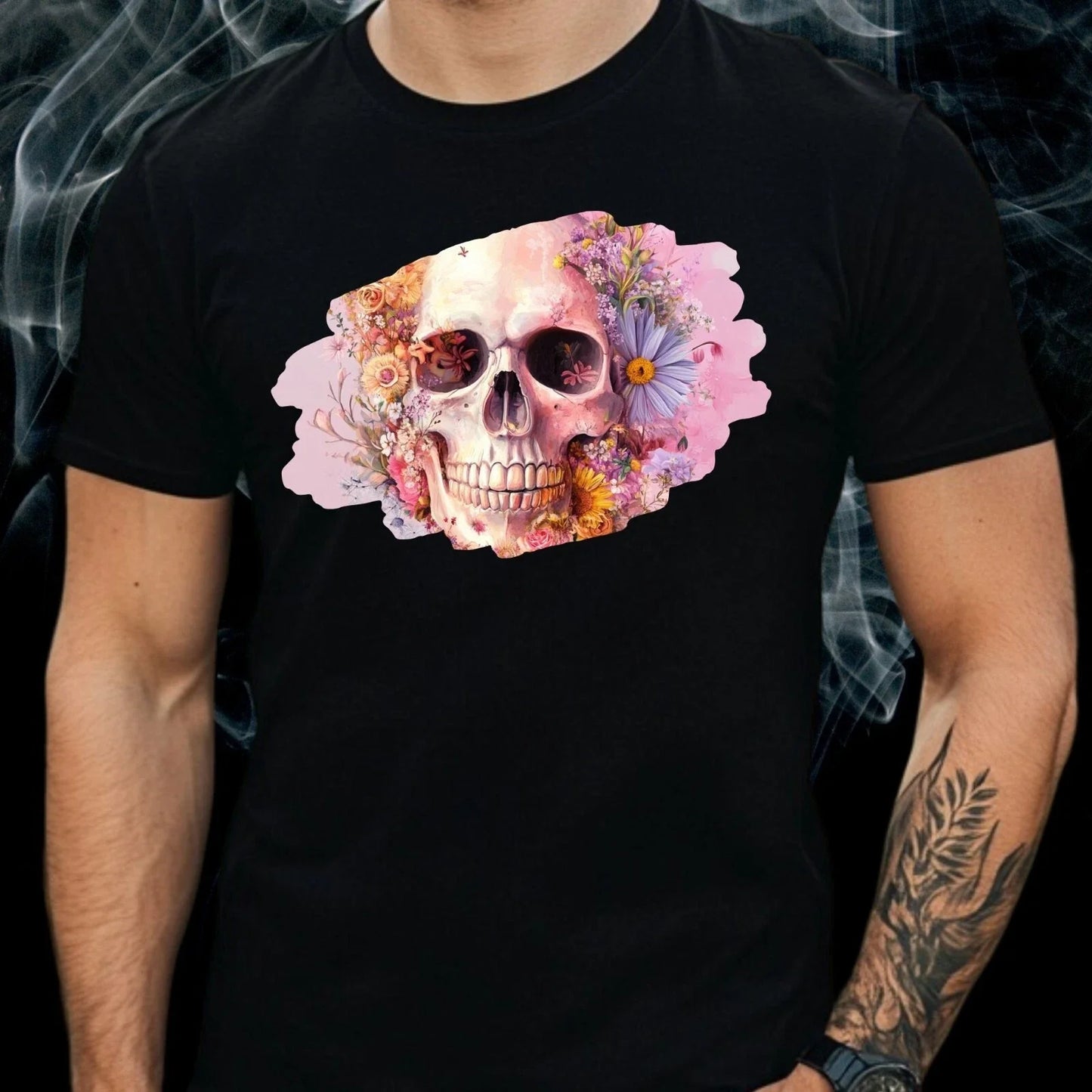 Mens Pastel Floral Skull Motif Cotton T-Shirt Size XS to 5XL Unisex T-shirt, Sweatshirt, Hoodie, Long Sleeve Tee - T-Shirt, Sweatshirt, Hoodie