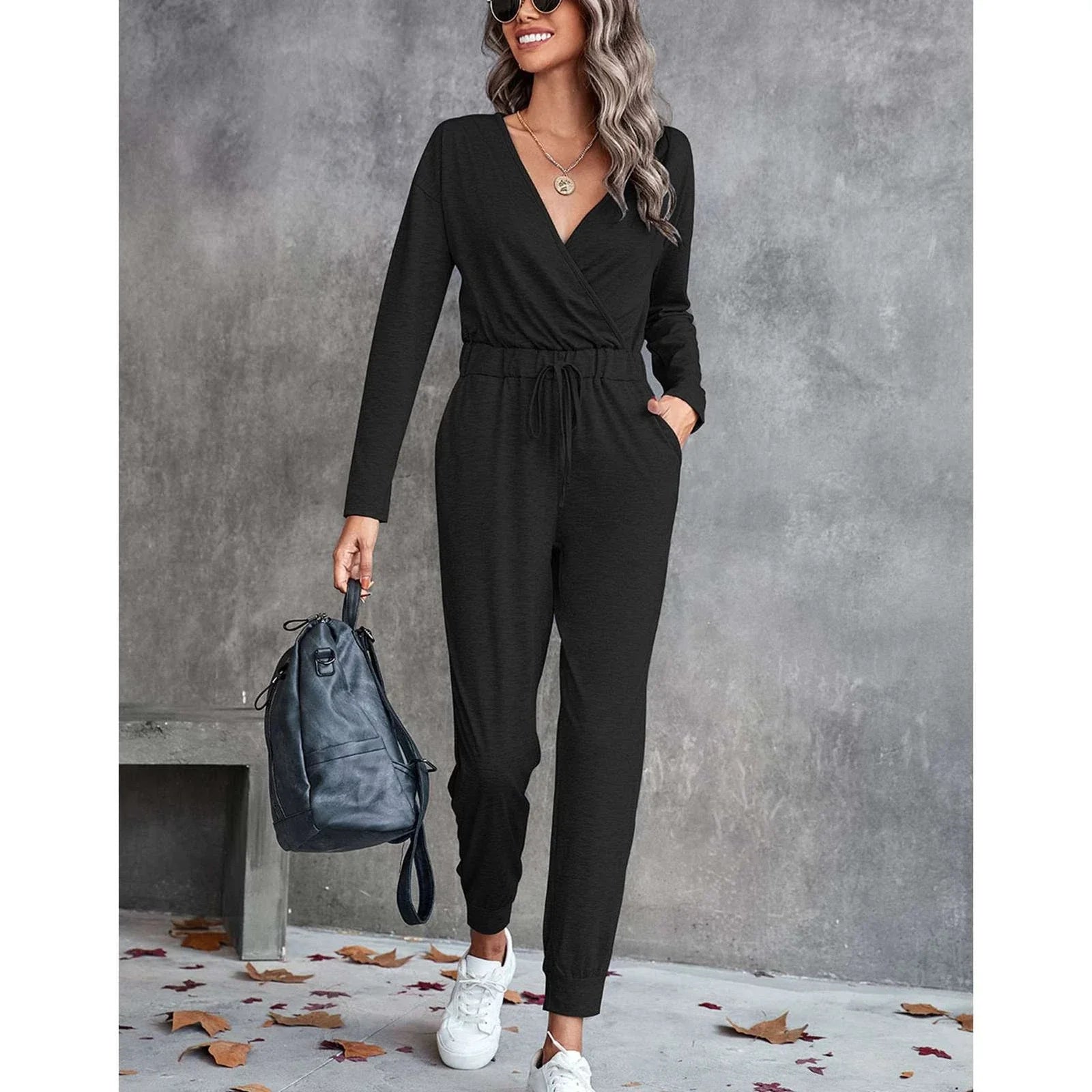 Long Sleeve Jumpsuit Stylish Deep V Neck For Parties Women Pure Color Unisex T-shirt, Sweatshirt, Hoodie, Long Sleeve Tee - T-Shirt, Sweatshirt, Hoodie
