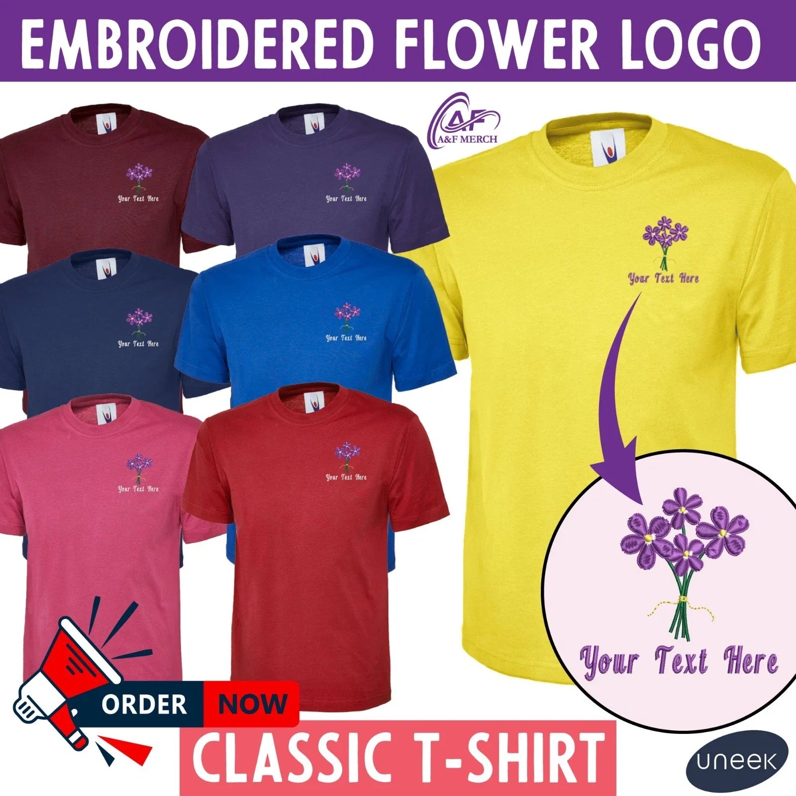 Custom Embroidered Boho Floral Purple Logo Flower Work T-Shirt Unisex T-shirt, Sweatshirt, Hoodie, Long Sleeve Tee - T-Shirt, Sweatshirt, Hoodie
