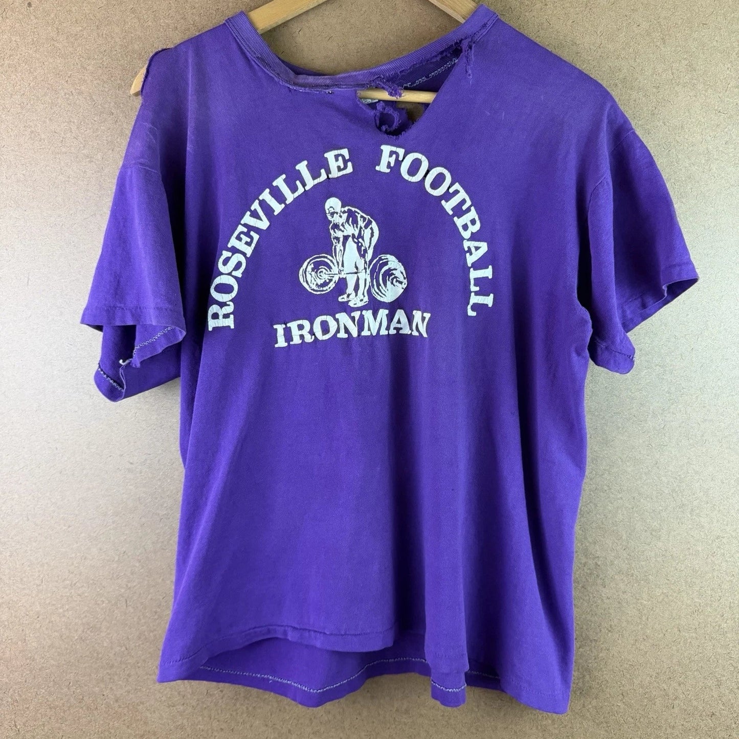 VTG 70s Distressed Faded Thrashed Roseville Football Ironman Tee Purple M USA Unisex T-shirt, Sweatshirt, Hoodie, Long Sleeve Tee - T-Shirt, Sweatshirt, Hoodie