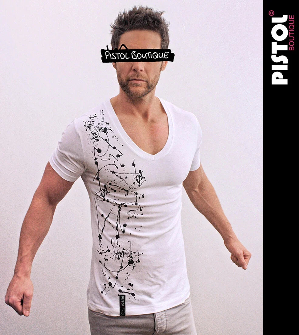Pistol Boutique men's Fitted White Deep V neck GRAFFITI PAINT SPLATS T-shirt Unisex T-shirt, Sweatshirt, Hoodie, Long Sleeve Tee - T-Shirt, Sweatshirt, Hoodie