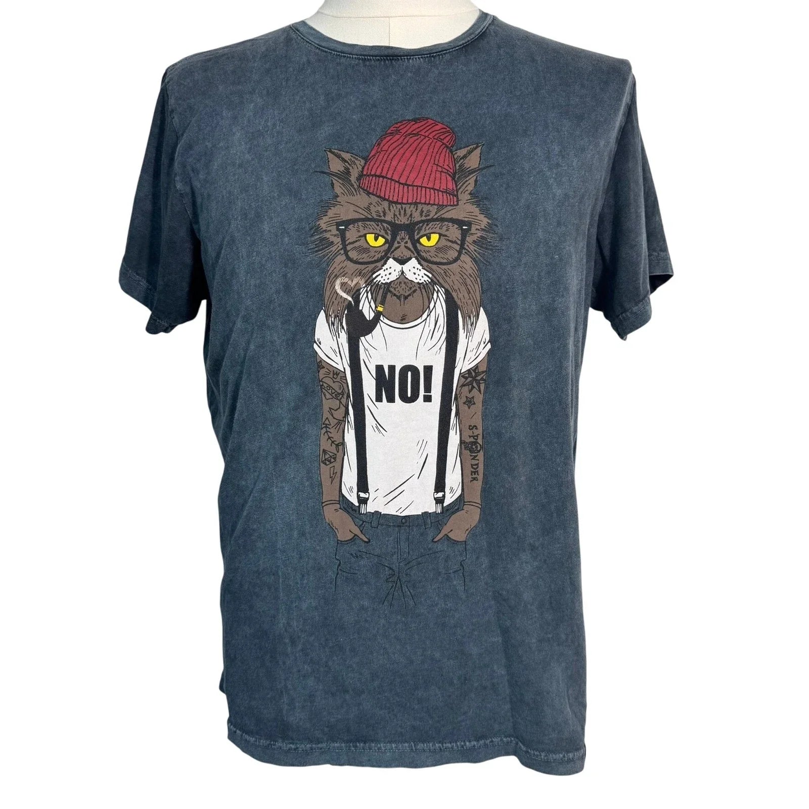 S-PONDER Men's Large Hipster Cat "No" Blue Gray Stone Washed Graphic Tee Shirt Unisex T-shirt, Sweatshirt, Hoodie, Long Sleeve Tee - T-Shirt, Sweatshirt, Hoodie