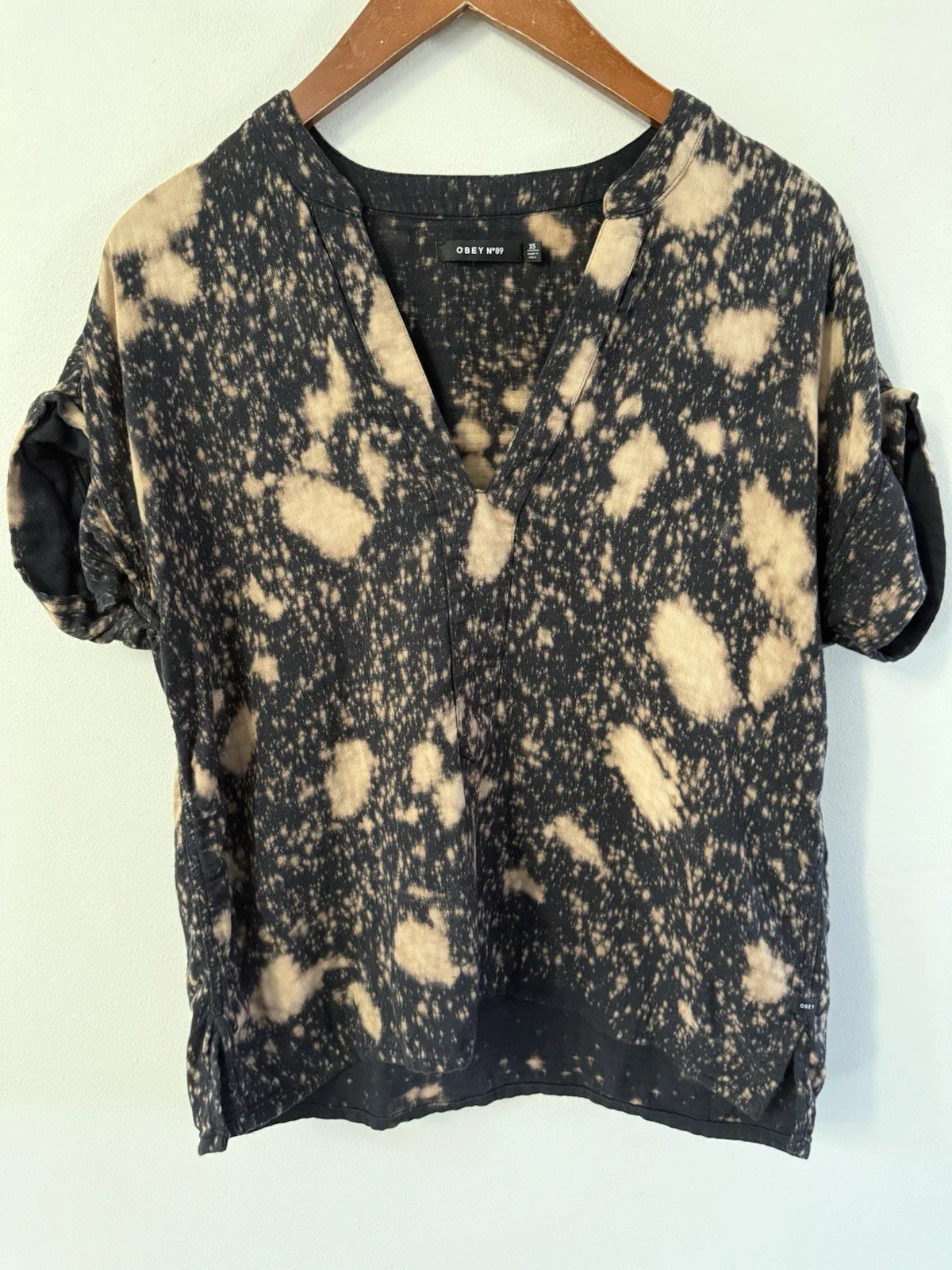 Obey Tie Dyed Short Sleeve Shirt Cotton Black Tan Tunic Size XS Lagenlook Boho Unisex T-shirt, Sweatshirt, Hoodie, Long Sleeve Tee - T-Shirt, Sweatshirt, Hoodie