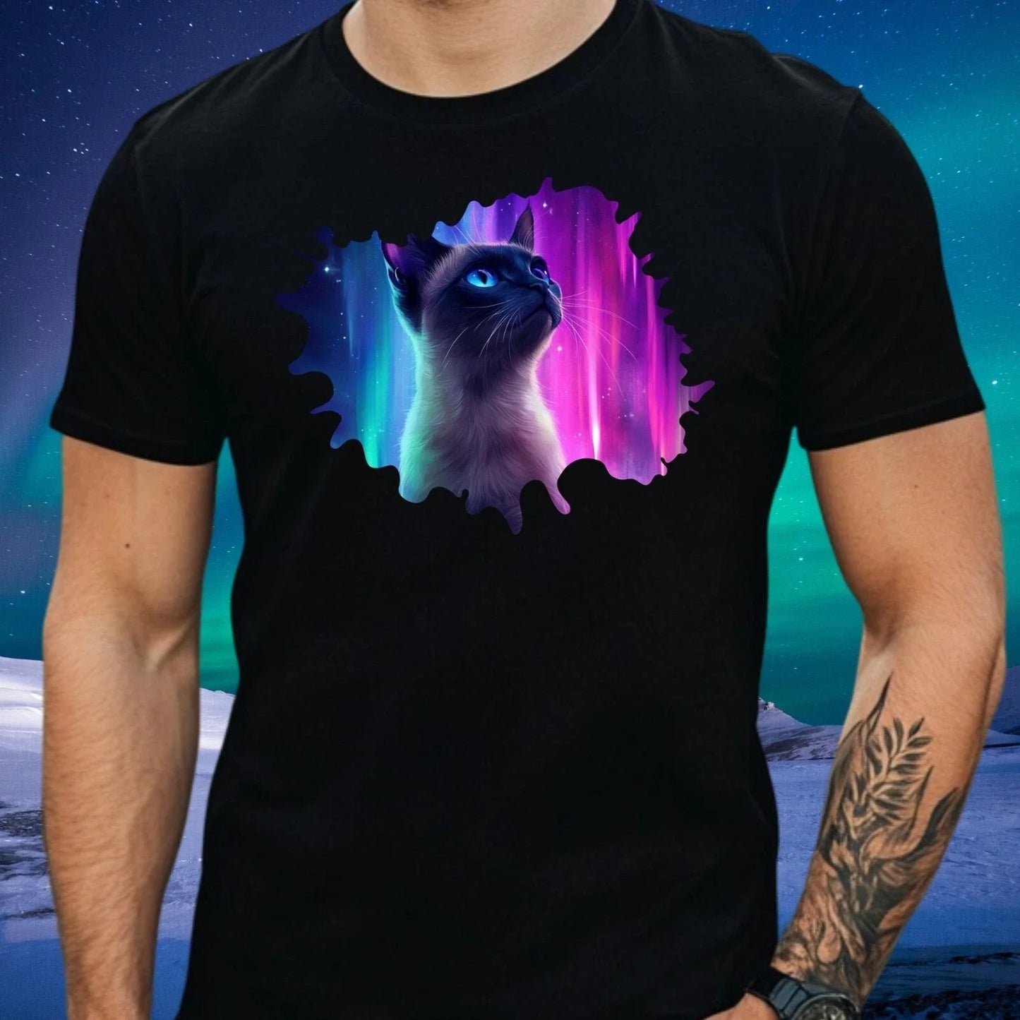 Mens Siamese Cat Northern Lights Print Cotton T-Shirt Size XS to 5XL Unisex T-shirt, Sweatshirt, Hoodie, Long Sleeve Tee - T-Shirt, Sweatshirt, Hoodie