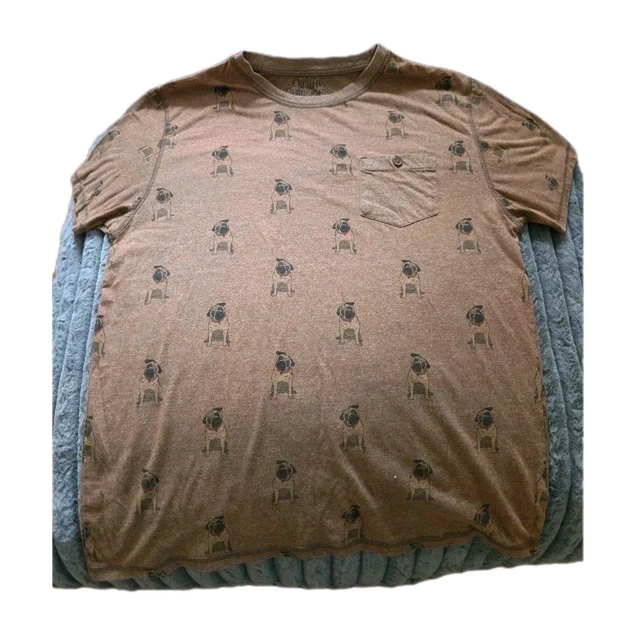 Creative Destruction Chocolate Brown Pug T Shirt w/Button Front Pocket-Sz L-PUGS Unisex T-shirt, Sweatshirt, Hoodie, Long Sleeve Tee - T-Shirt, Sweatshirt, Hoodie