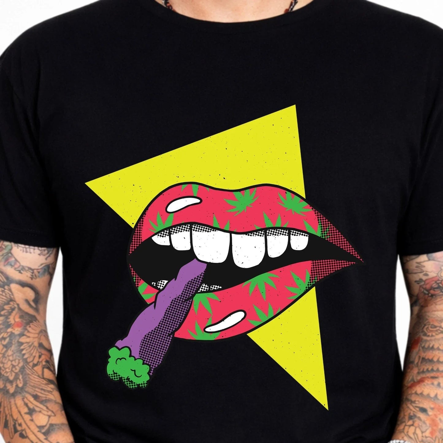 Cannabis Lips Weed Leaf  Pop Art Stoner Streetwear Fun Novelty Graphic Tee. Unisex T-shirt, Sweatshirt, Hoodie, Long Sleeve Tee - T-Shirt, Sweatshirt, Hoodie