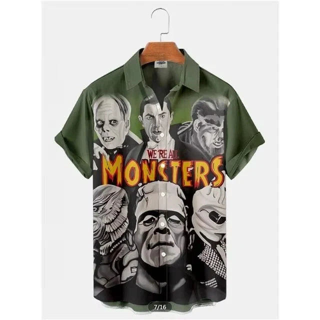 Mens Button Down Universal Monsters Halloween Hawaiian Top Novelty Holiday Gift Unisex T-shirt, Sweatshirt, Hoodie, Long Sleeve Tee - T-Shirt, Sweatshirt, Hoodie