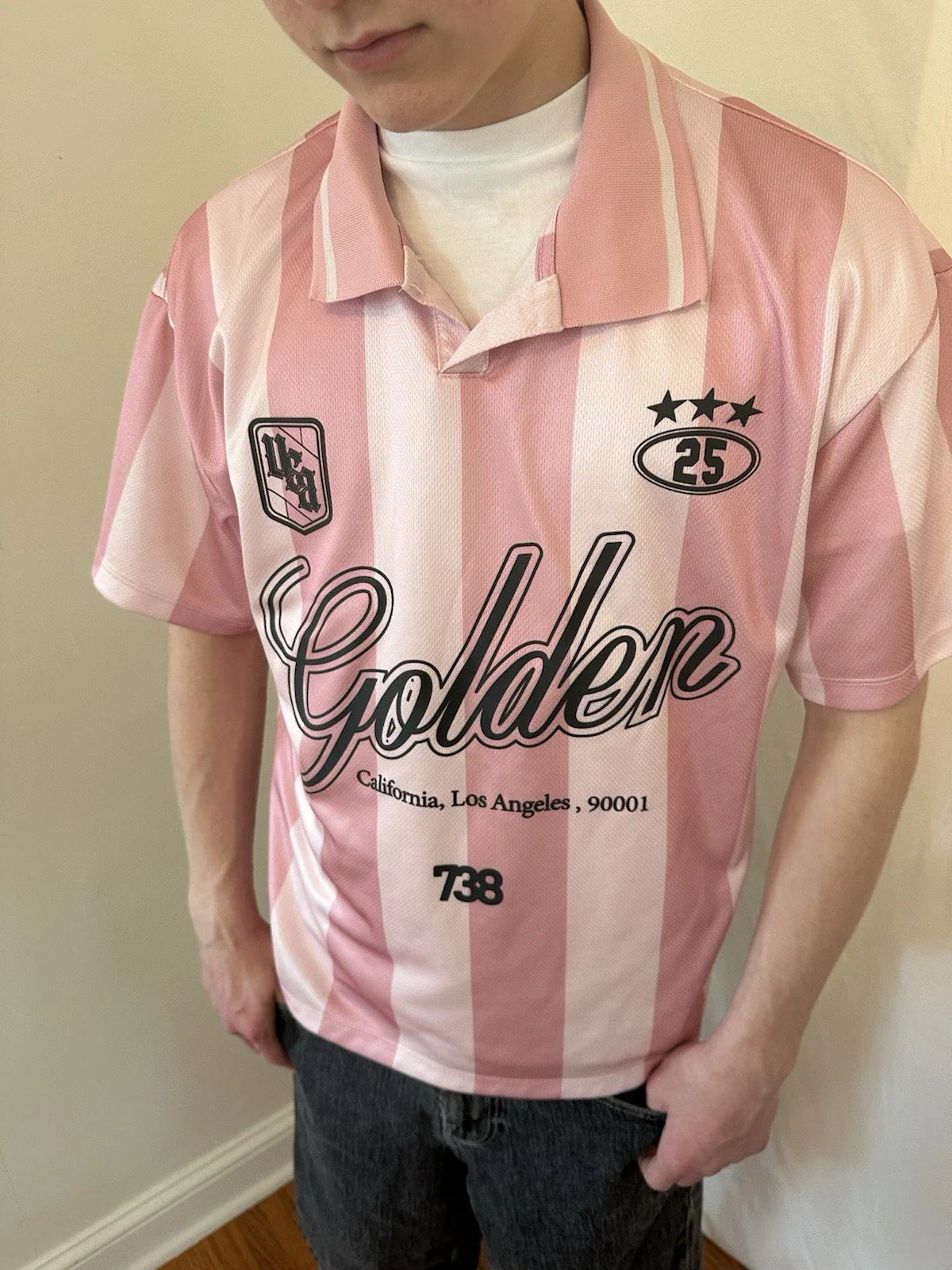 H & M Pink Soccer Jersey-Style Shirt Mens Teen Size Small Coupe Unisex T-shirt, Sweatshirt, Hoodie, Long Sleeve Tee - T-Shirt, Sweatshirt, Hoodie