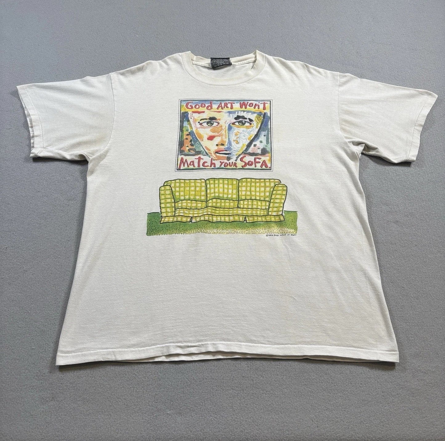 Vtg 90s Fred Babb Good Art Won't Match Your Sofa Shirt Mens XL White Read Unisex T-shirt, Sweatshirt, Hoodie, Long Sleeve Tee - T-Shirt, Sweatshirt, Hoodie