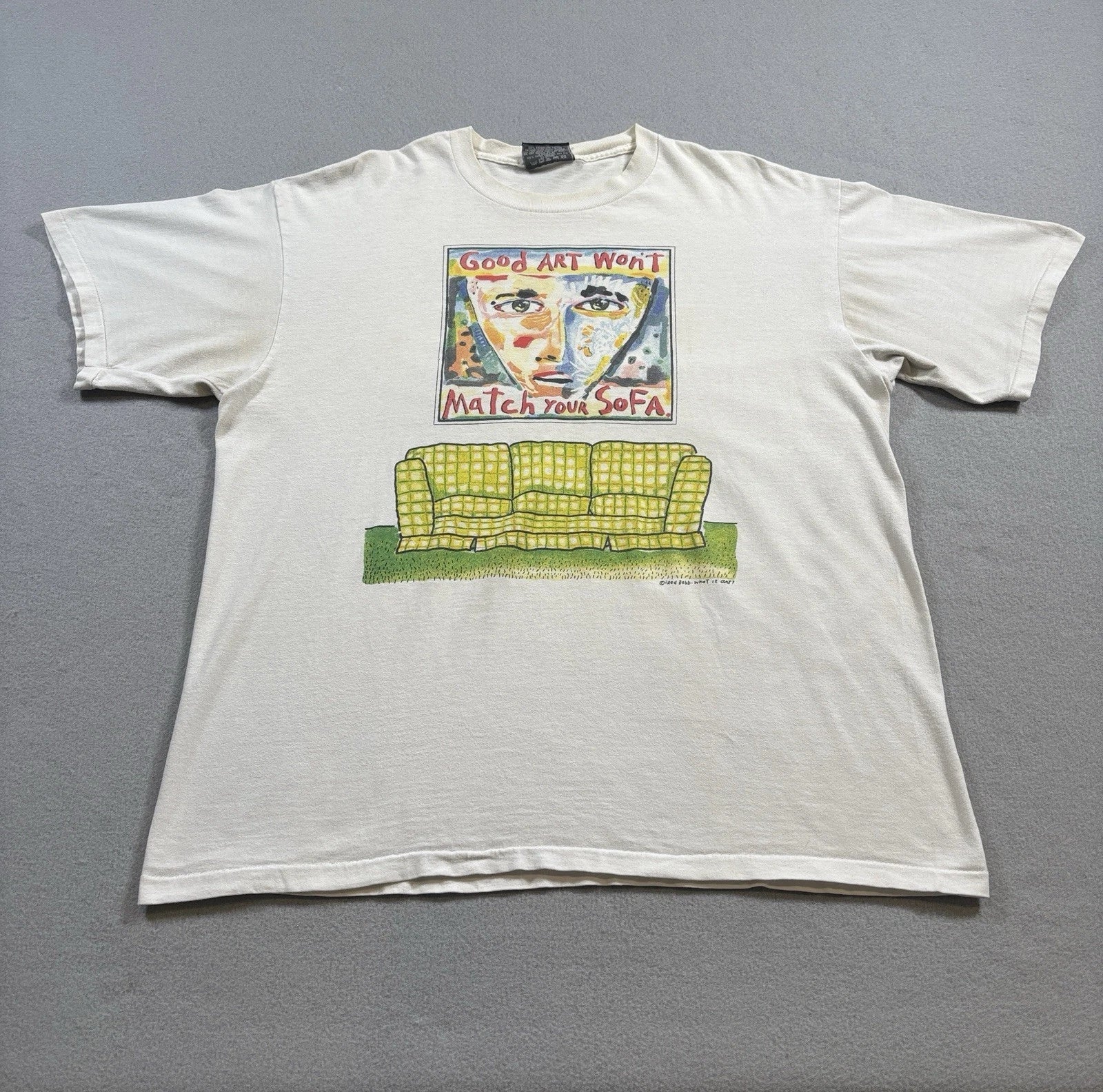 Vtg 90s Fred Babb Good Art Won't Match Your Sofa Shirt Mens XL White Read Unisex T-shirt, Sweatshirt, Hoodie, Long Sleeve Tee - T-Shirt, Sweatshirt, Hoodie