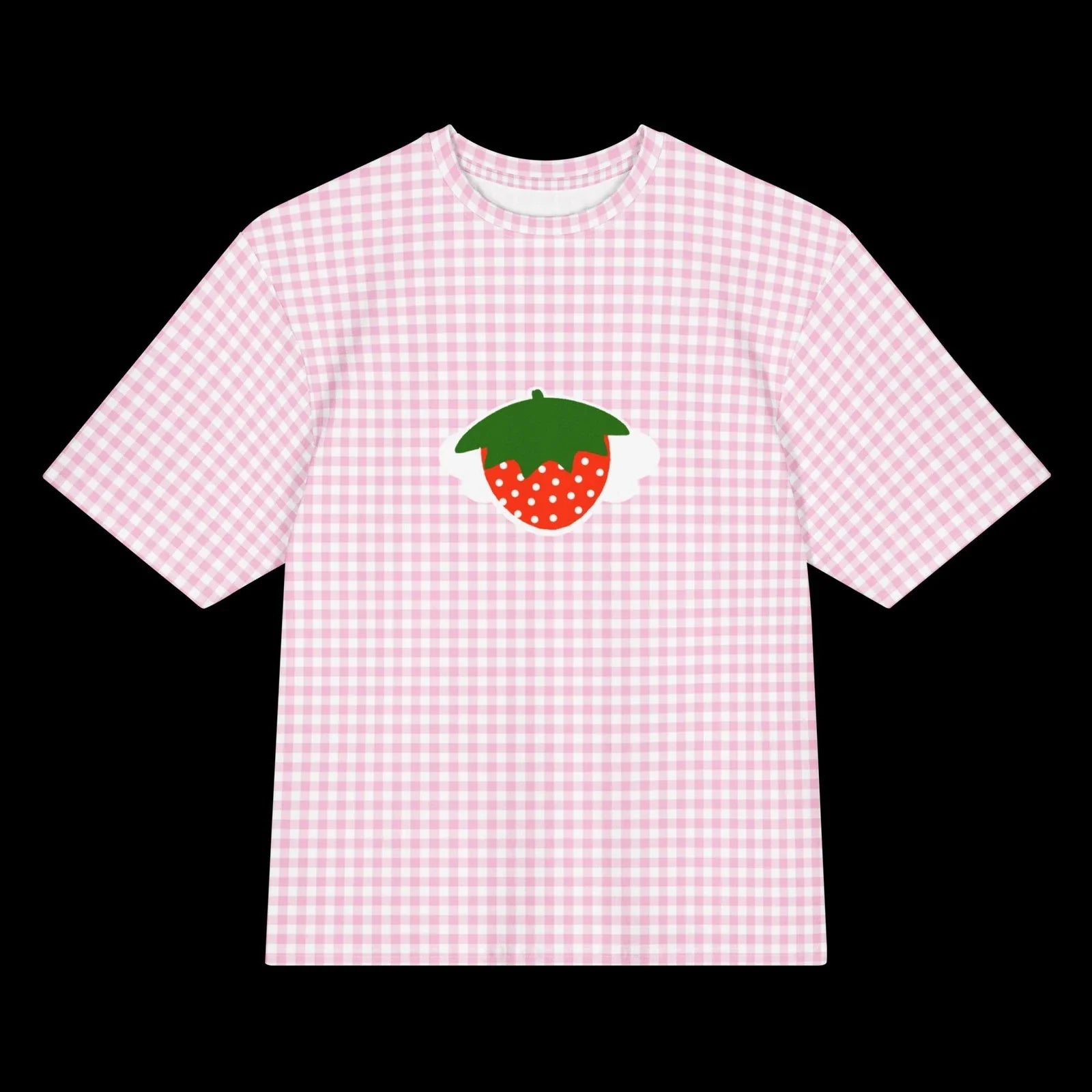Oversized kawaii strawberry pink gingham cotton t-shirt Unisex T-shirt, Sweatshirt, Hoodie, Long Sleeve Tee - T-Shirt, Sweatshirt, Hoodie