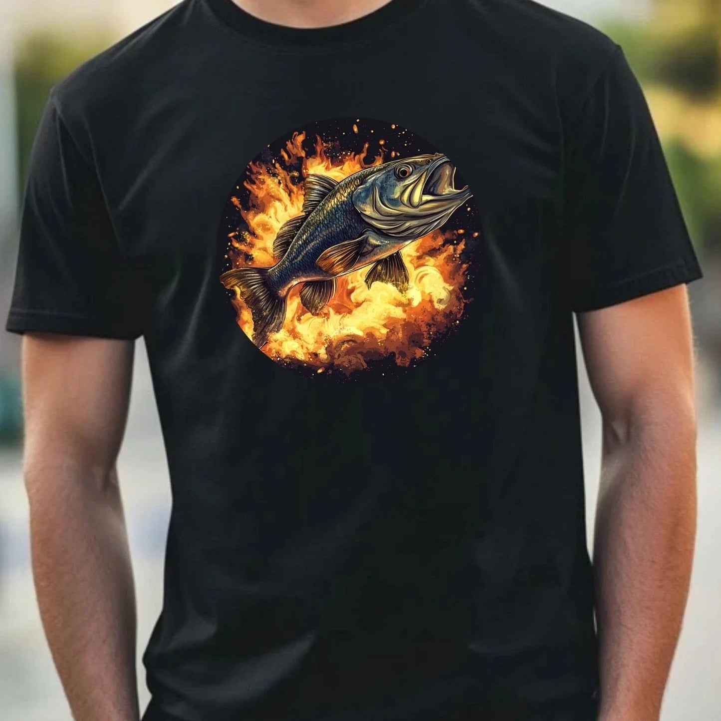 Mens Bass Fish on Fire Motif Cotton T-Shirt Size XS to 5XL Unisex T-shirt, Sweatshirt, Hoodie, Long Sleeve Tee - T-Shirt, Sweatshirt, Hoodie