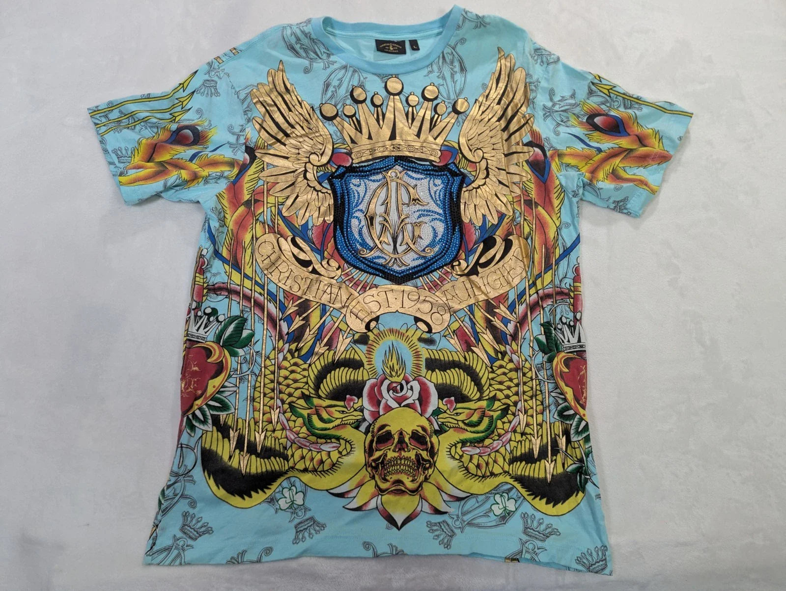 Vintage Y2K Ed Hardy Christian Audigier AOP Graphic Tee Shirt Size L Unisex T-shirt, Sweatshirt, Hoodie, Long Sleeve Tee - T-Shirt, Sweatshirt, Hoodie