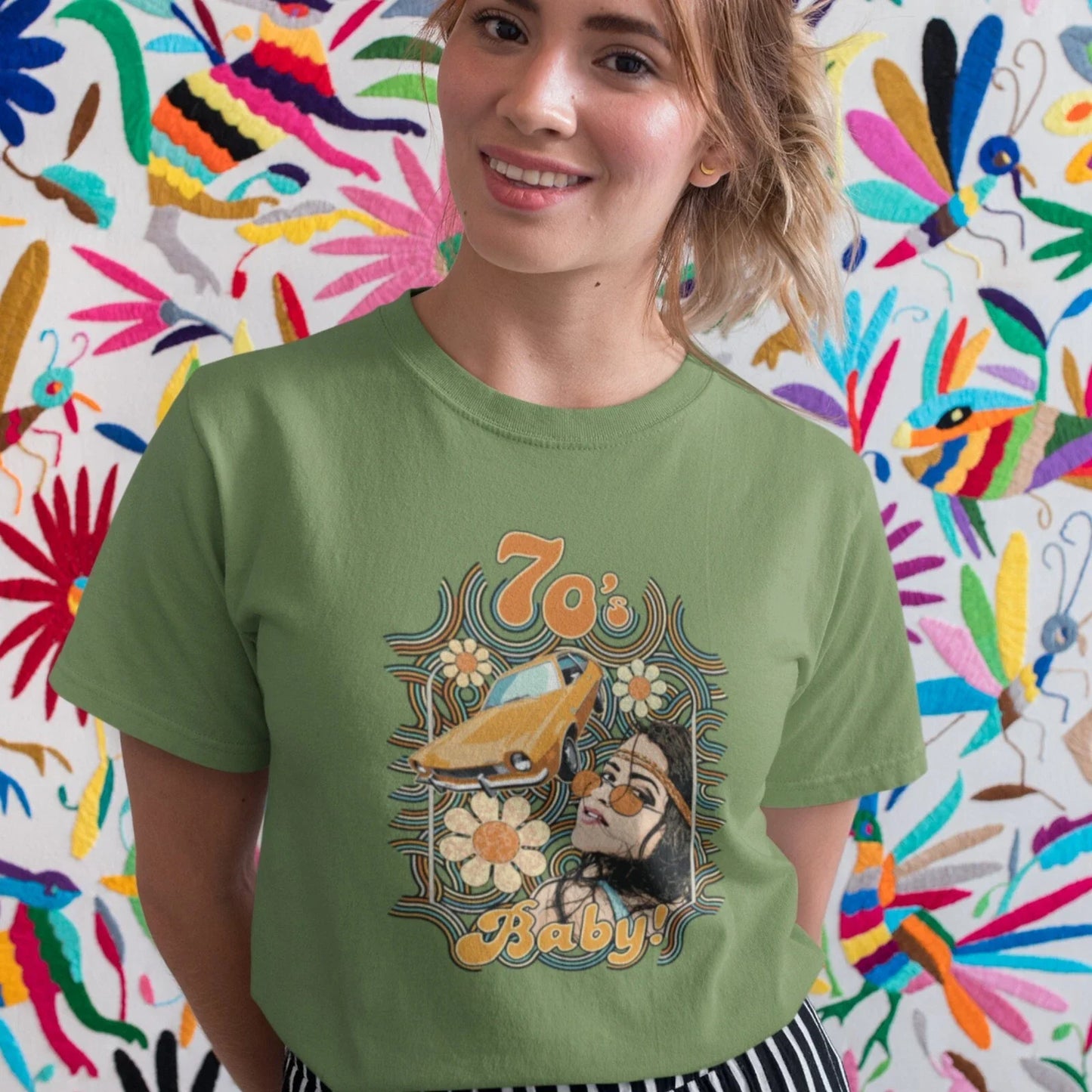 70's Baby! Women's Relaxed T-Shirt featuring hippie girl & Ford Pinto 70s colors Unisex T-shirt, Sweatshirt, Hoodie, Long Sleeve Tee - T-Shirt, Sweatshirt, Hoodie