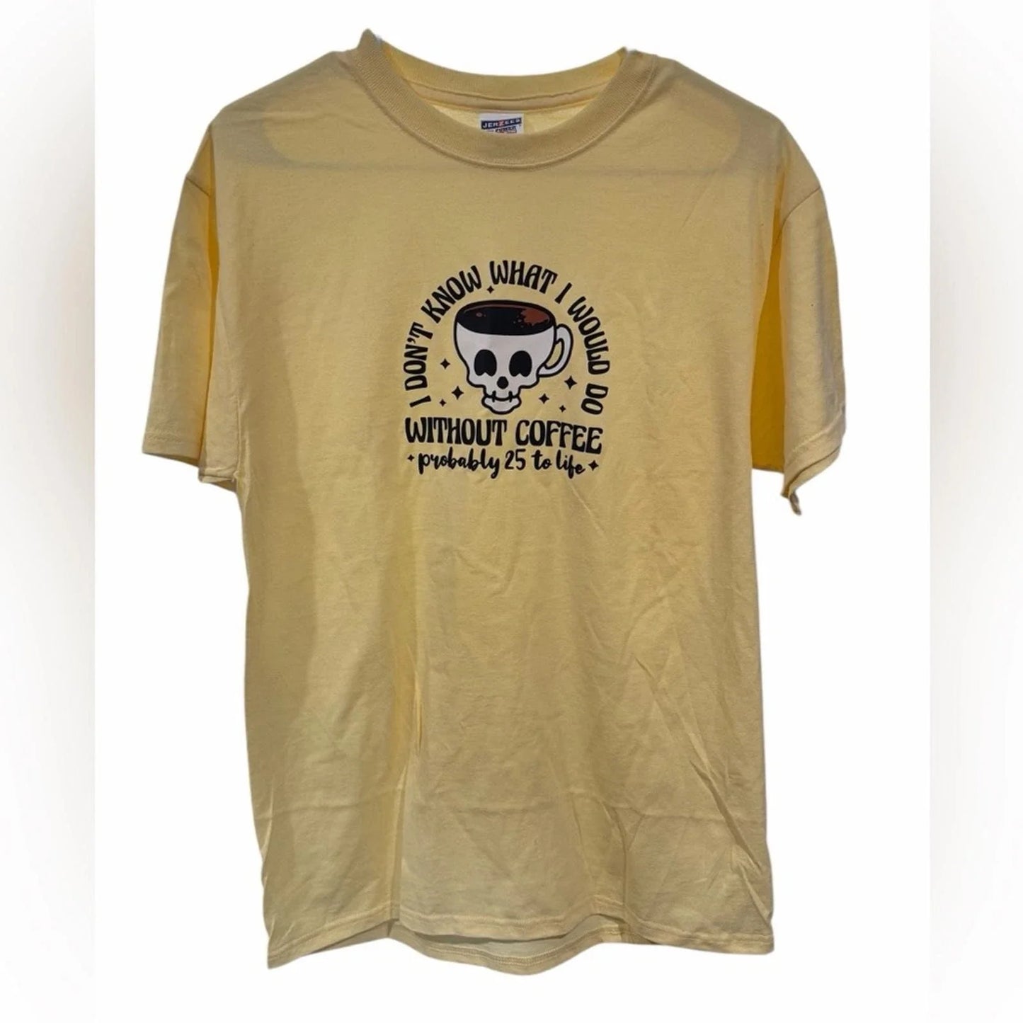 Jerzees Coffee Graphic Tee M Yellow Funny Saying Skull Cup Shirt Unisex T-shirt, Sweatshirt, Hoodie, Long Sleeve Tee - T-Shirt, Sweatshirt, Hoodie