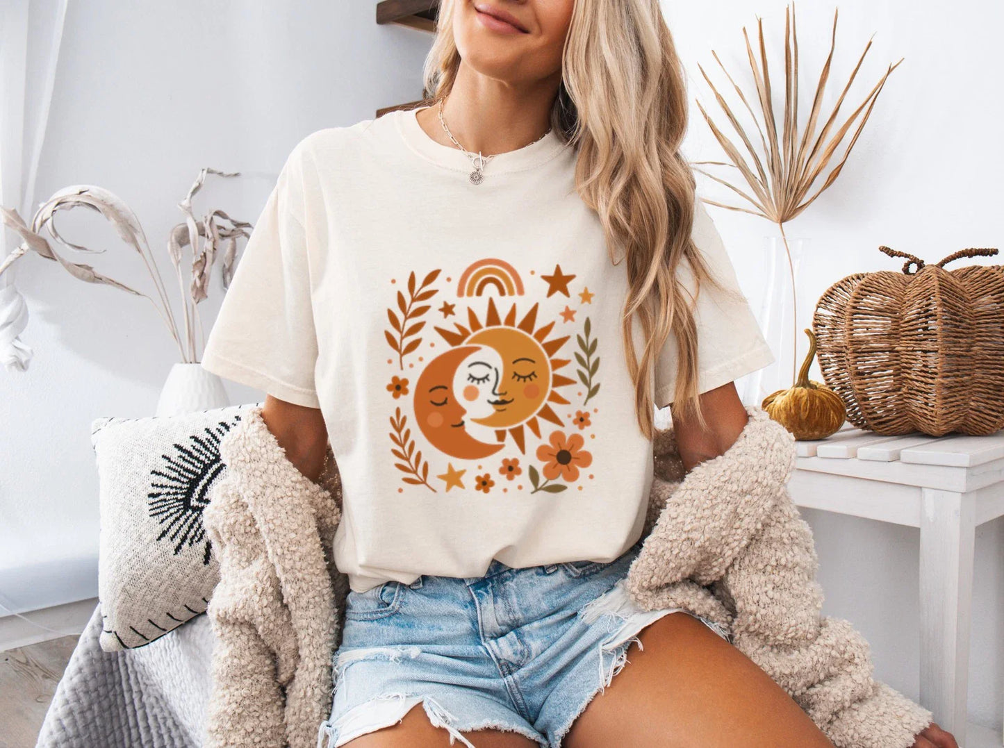 Boho Sun & Moon T-Shirt, Vintage Style Tee, Nature Lover, Summer Apparel Unisex T-shirt, Sweatshirt, Hoodie, Long Sleeve Tee - T-Shirt, Sweatshirt, Hoodie