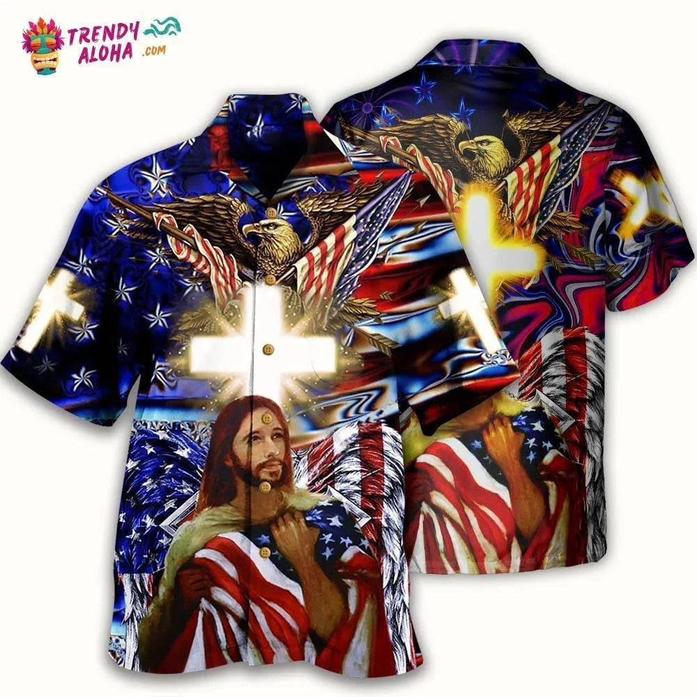 America Jesus Bless Hawaiian Shirt  Trendy Aloha L682 Unisex T-shirt, Sweatshirt, Hoodie, Long Sleeve Tee - T-Shirt, Sweatshirt, Hoodie