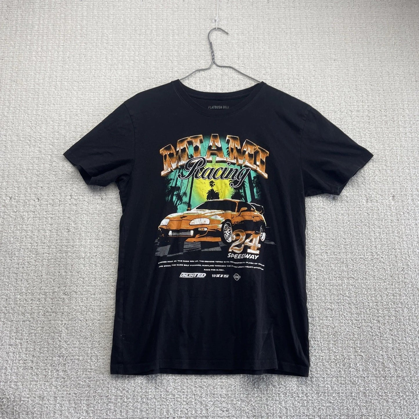 Y2K Flatbush Deli Shirt Mens M Black Miami Racing 24 Speedway Supra Graphic Unisex T-shirt, Sweatshirt, Hoodie, Long Sleeve Tee - T-Shirt, Sweatshirt, Hoodie