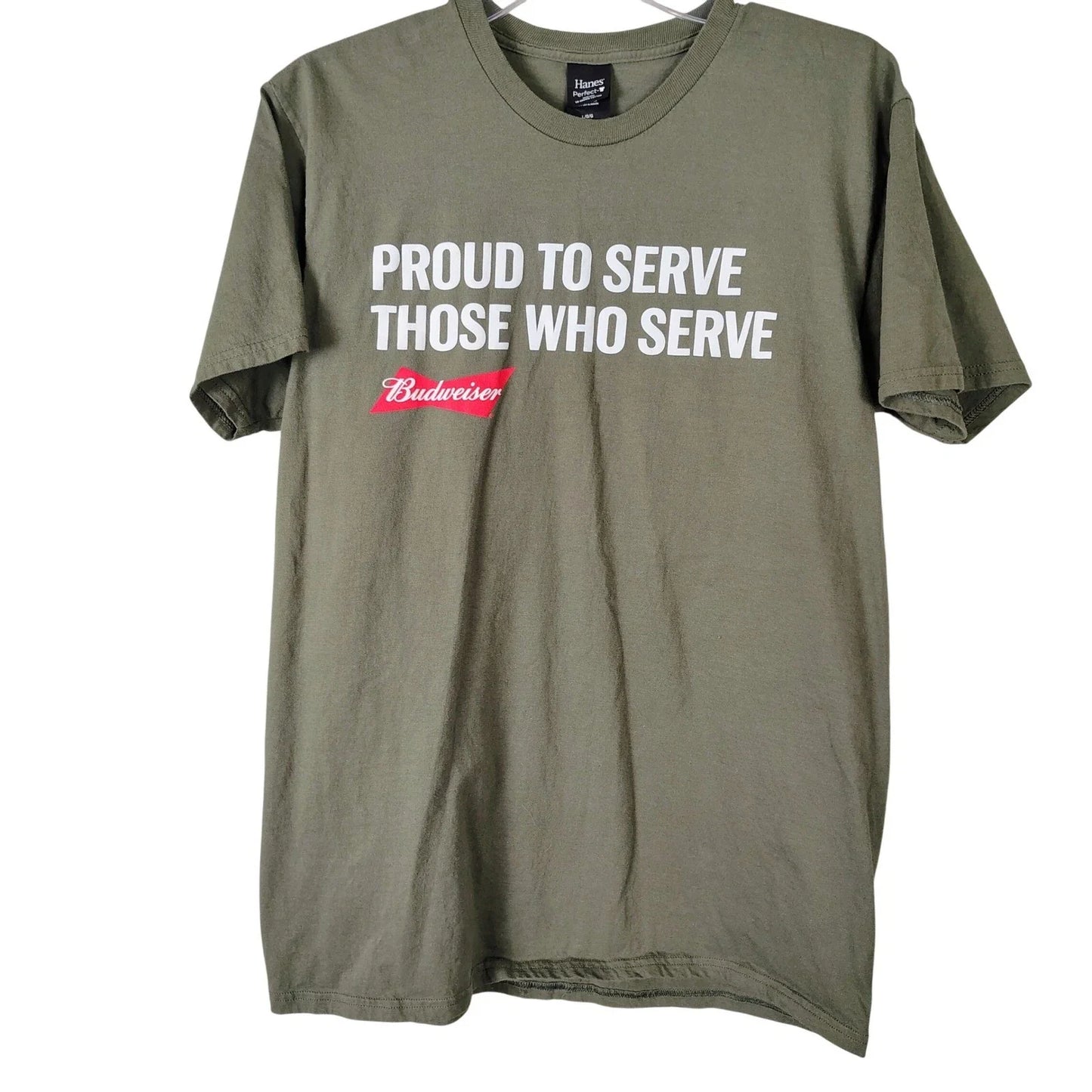 Budweiser Proud To Serve Those Who Serve Hanes Perfect-T Olive Green Shirt L Unisex T-shirt, Sweatshirt, Hoodie, Long Sleeve Tee - T-Shirt, Sweatshirt, Hoodie