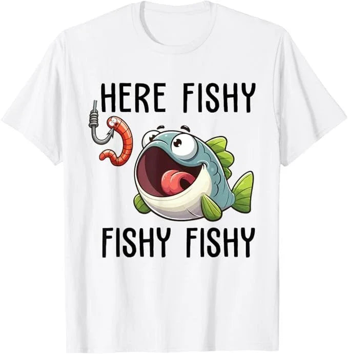 Here Fishy Fisherman Funny Fishing Lover Cute Fish Worm T-Shirt Unisex T-shirt, Sweatshirt, Hoodie, Long Sleeve Tee - T-Shirt, Sweatshirt, Hoodie