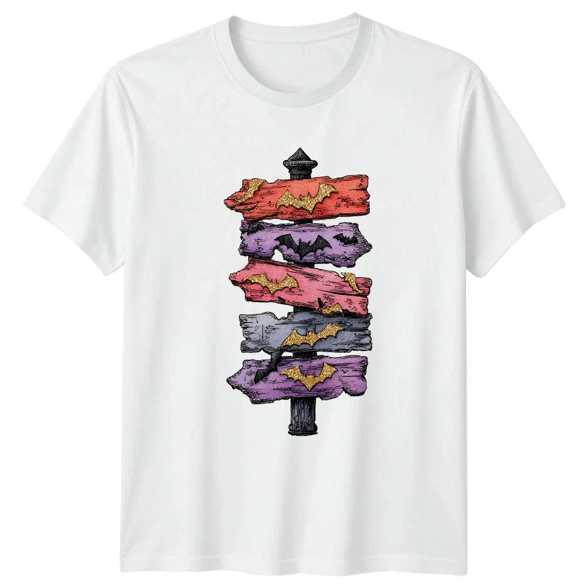 Halloween Bats Signpost Graphic Tee Mens Womens Unisex T Shirt Spooky Decor Unisex T-shirt, Sweatshirt, Hoodie, Long Sleeve Tee - T-Shirt, Sweatshirt, Hoodie