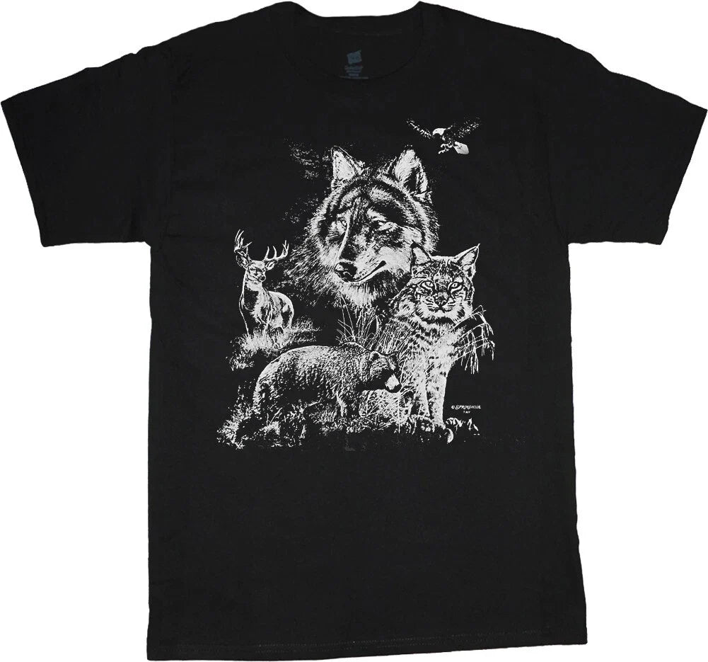 Mountain Wildlife Scene Bear Eagle Deer Bobcat T-shirt Mens Graphic Tees Gifts Unisex T-shirt, Sweatshirt, Hoodie, Long Sleeve Tee - T-Shirt, Sweatshirt, Hoodie