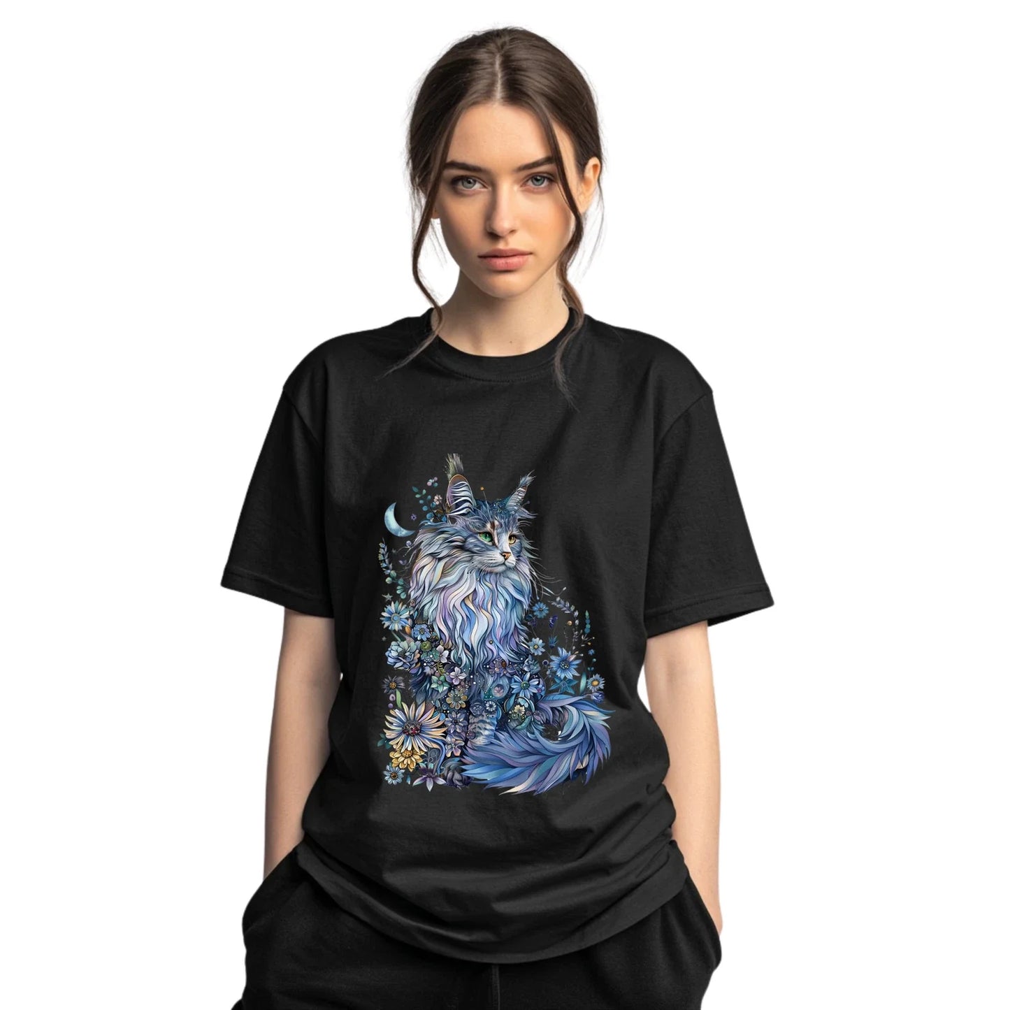 Mystical Blue Floral Cat Tee | Fantasy Cat Graphic Tee | Boho Cat Lover Gift | Unisex T-shirt, Sweatshirt, Hoodie, Long Sleeve Tee - T-Shirt, Sweatshirt, Hoodie