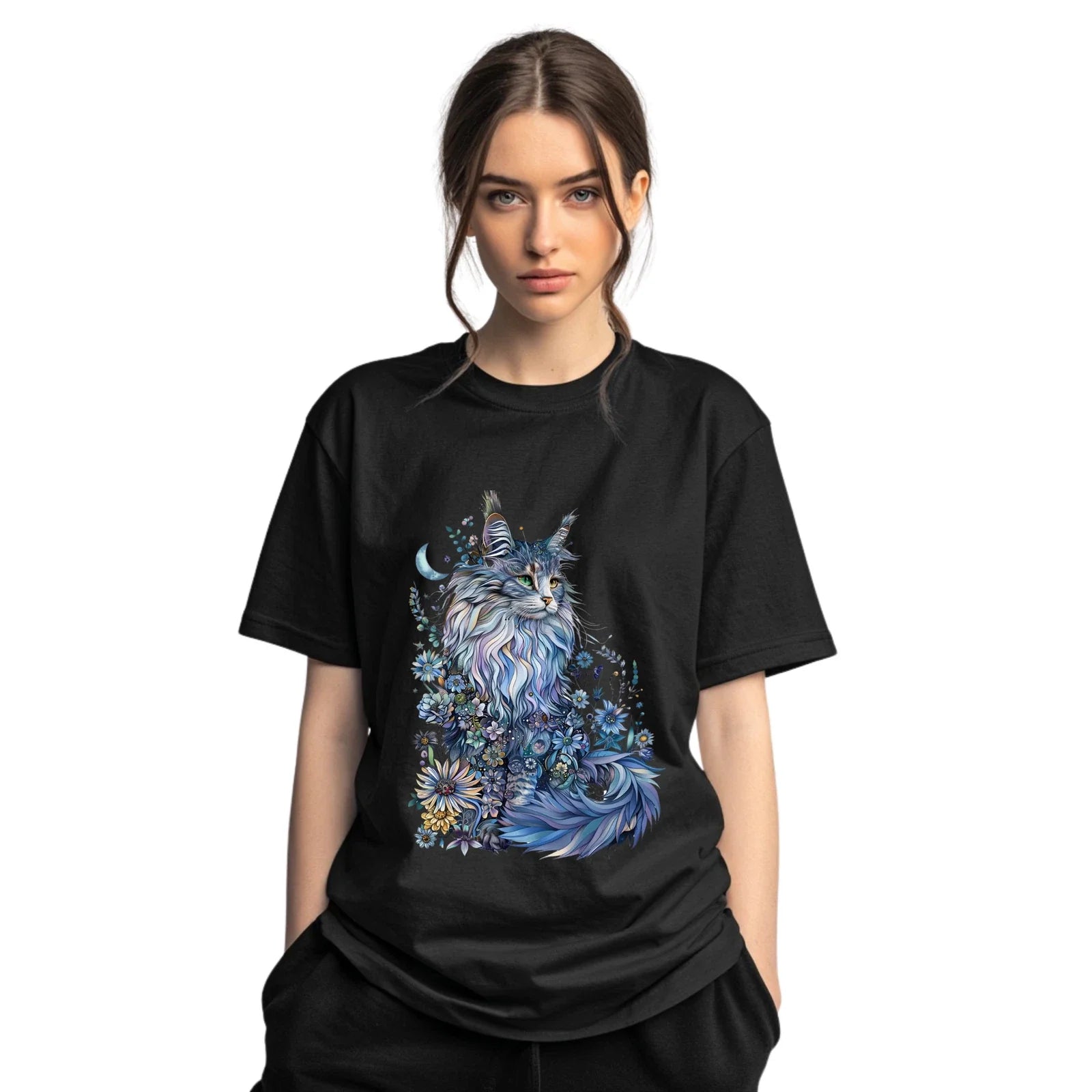 Mystical Blue Floral Cat Tee | Fantasy Cat Graphic Tee | Boho Cat Lover Gift | Unisex T-shirt, Sweatshirt, Hoodie, Long Sleeve Tee - T-Shirt, Sweatshirt, Hoodie