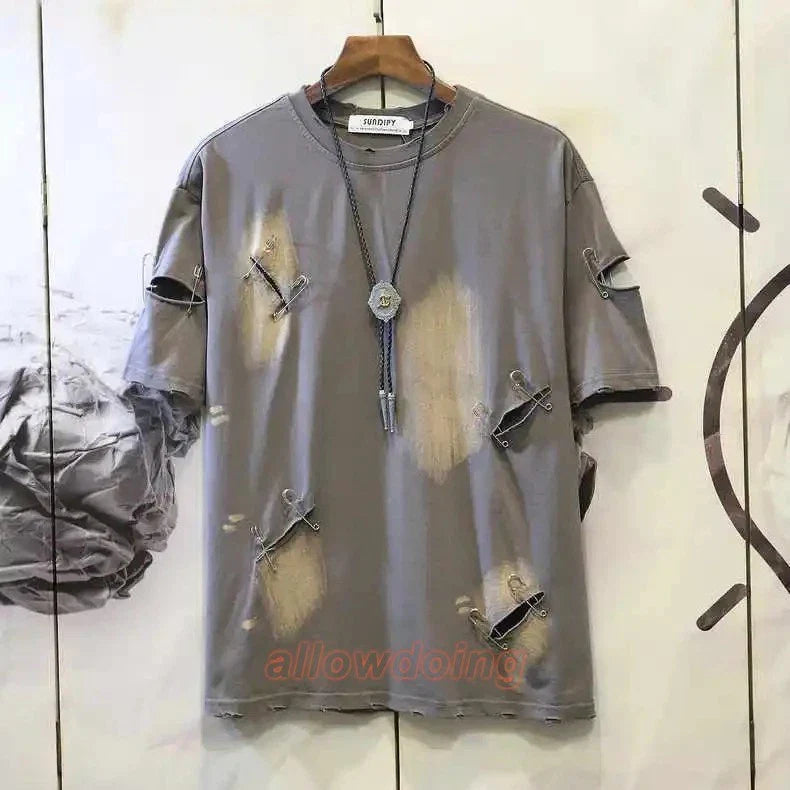 Men's Punk Rock Distressed T-Shirt Safety Pin Hollow Out High Street Hip Hop Top Unisex T-shirt, Sweatshirt, Hoodie, Long Sleeve Tee - T-Shirt, Sweatshirt, Hoodie