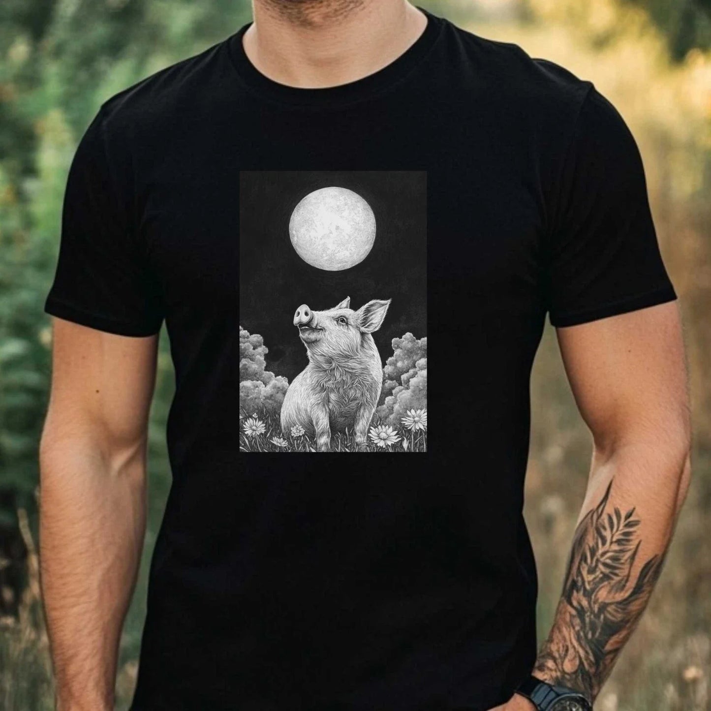 Mens Pig in the Moonlight Motif Cotton T-Shirt Size XS to 5XL Unisex T-shirt, Sweatshirt, Hoodie, Long Sleeve Tee - T-Shirt, Sweatshirt, Hoodie