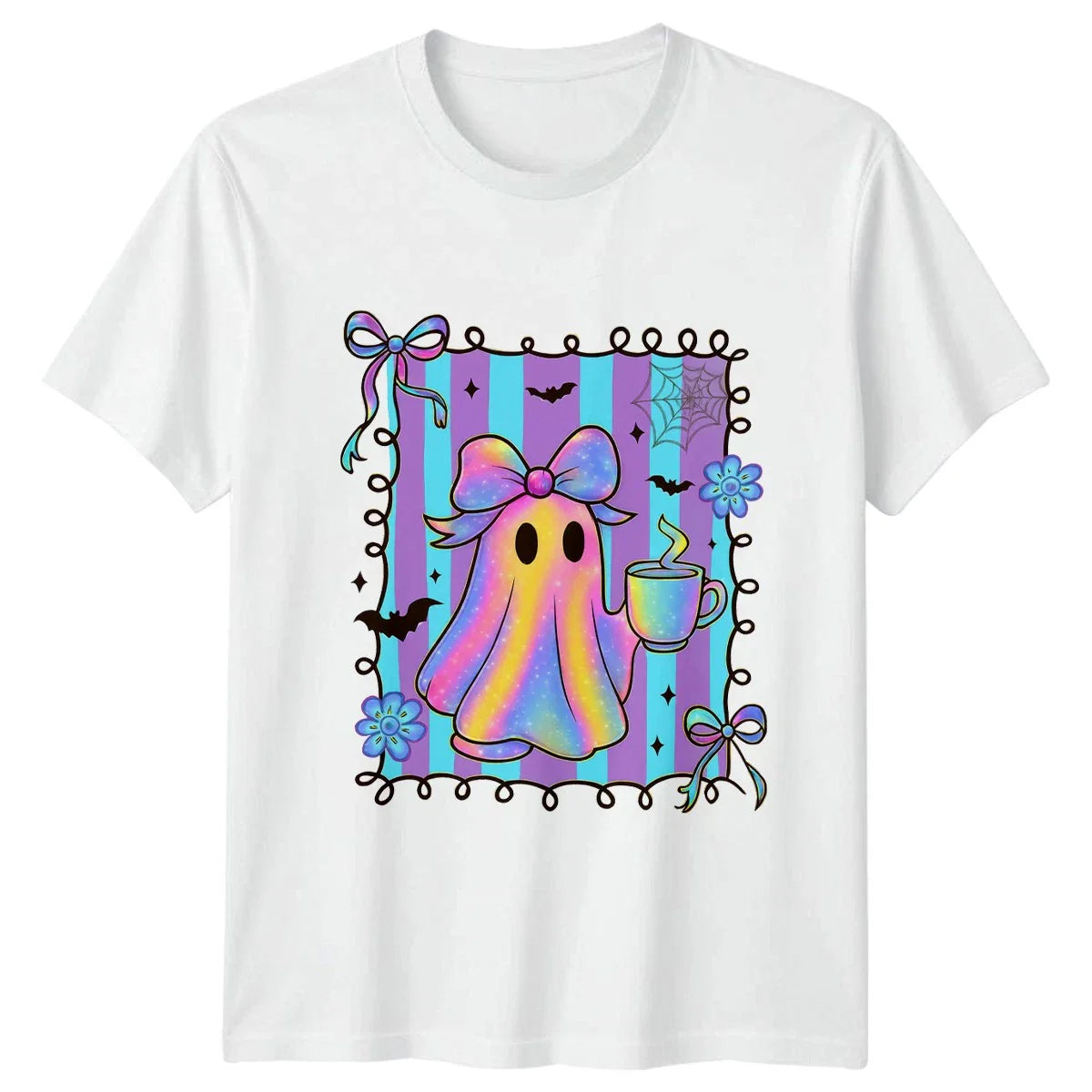 Iridescent Ghost Coffee Bow Womens T-Shirt Kawaii Pastel Goth Halloween Gift Unisex T-shirt, Sweatshirt, Hoodie, Long Sleeve Tee - T-Shirt, Sweatshirt, Hoodie