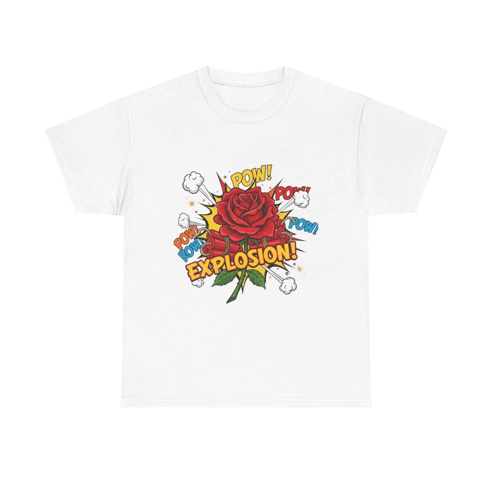 Camiseta Explosin de Rosas. Arte Pop Cmic, Pow! Boom! Camiseta Grfica Unisex T-shirt, Sweatshirt, Hoodie, Long Sleeve Tee - T-Shirt, Sweatshirt, Hoodie