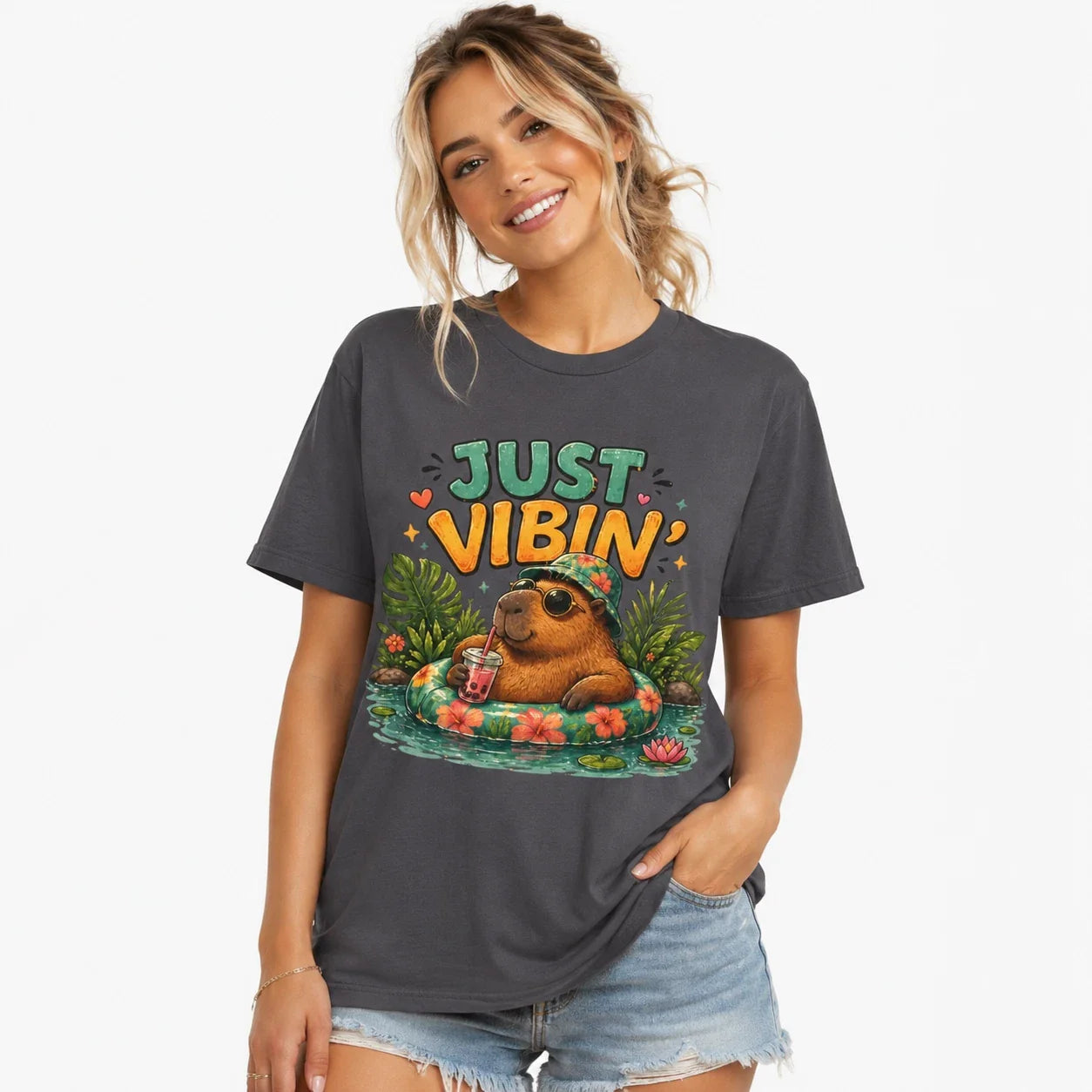 Just Vibin Capybara T-Shirt Tropical Funny Tee Lazy Animal Graphic Unisex Gift Unisex T-shirt, Sweatshirt, Hoodie, Long Sleeve Tee - T-Shirt, Sweatshirt, Hoodie