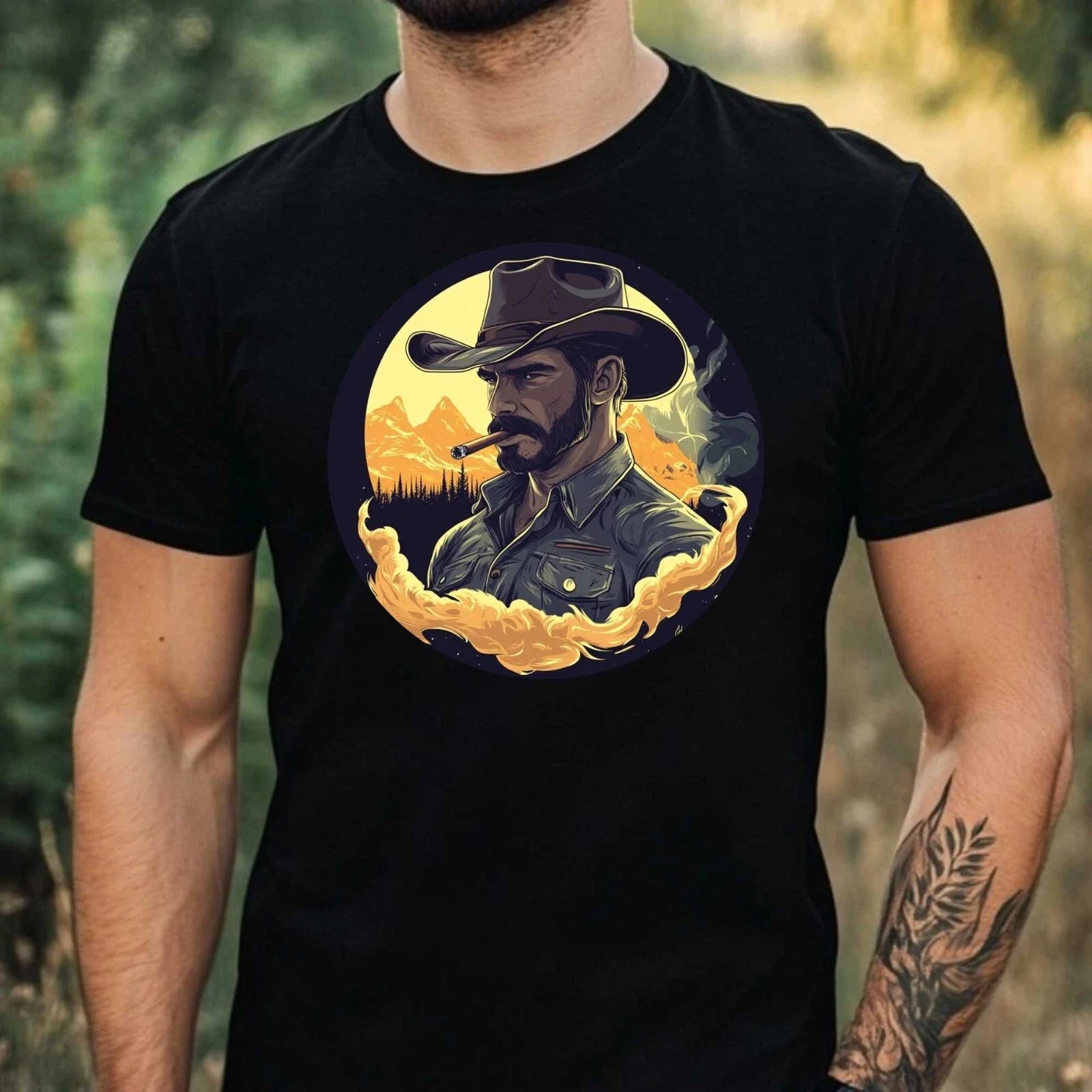 Mens Cowboy Smoked Motif Cotton T-Shirt Size XS to 5XL Unisex T-shirt, Sweatshirt, Hoodie, Long Sleeve Tee - T-Shirt, Sweatshirt, Hoodie