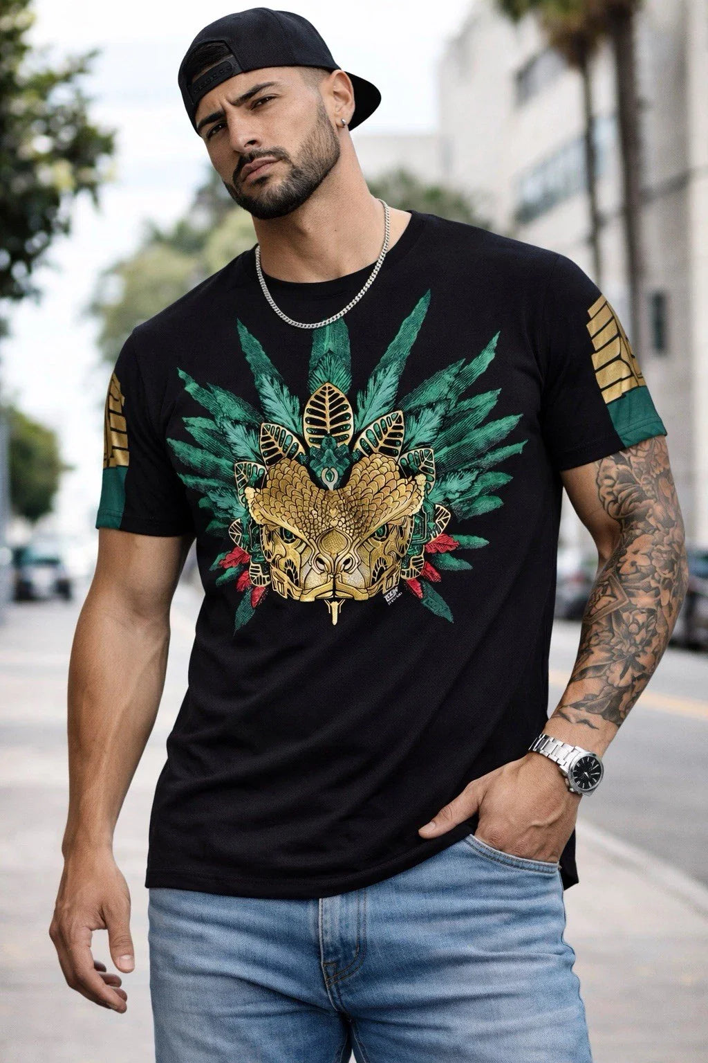 Namor Inspired Aztec Warrior Graphic Shirt Black Gold Sleeve Print Mens L Unisex T-shirt, Sweatshirt, Hoodie, Long Sleeve Tee - T-Shirt, Sweatshirt, Hoodie