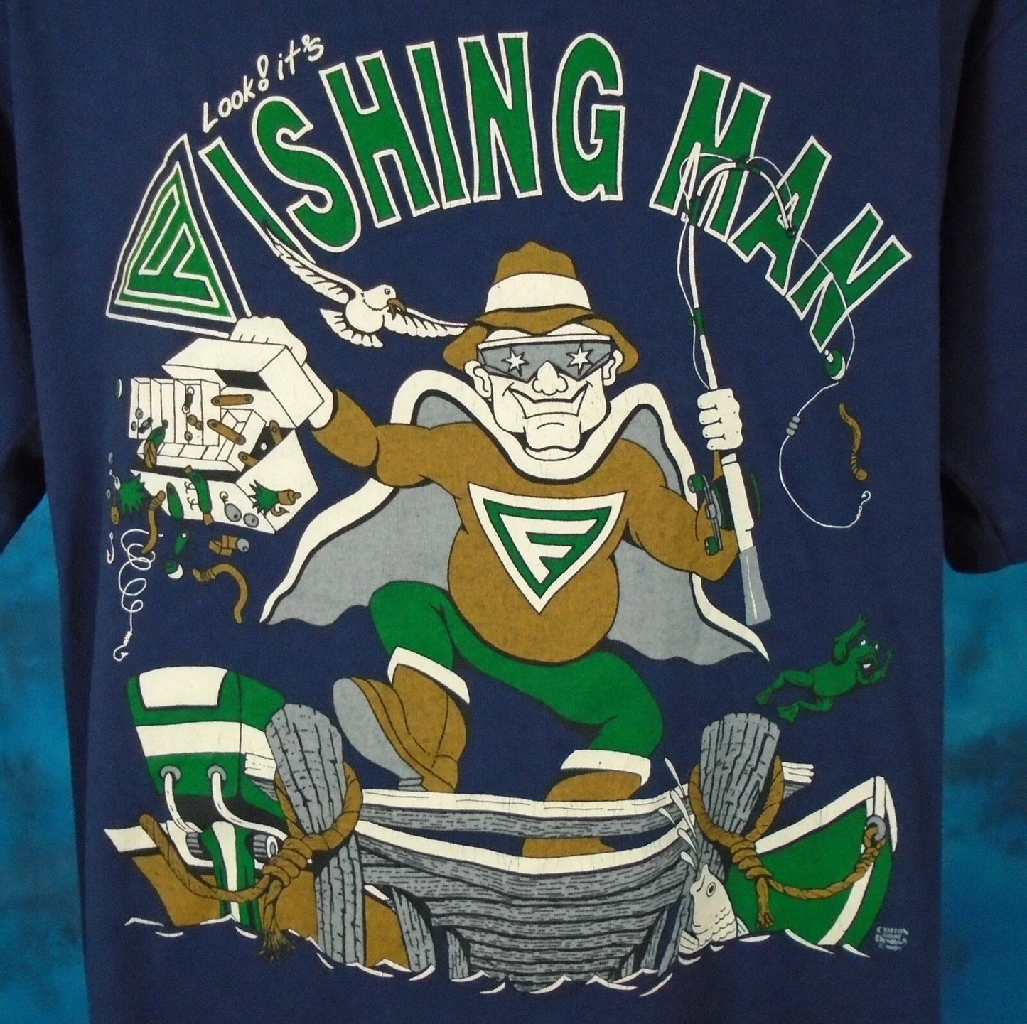 vintage 80s FISHING MAN CARTOON PAPER THIN T-Shirt LARGE/XL dad joke beach surf Unisex T-shirt, Sweatshirt, Hoodie, Long Sleeve Tee - T-Shirt, Sweatshirt, Hoodie