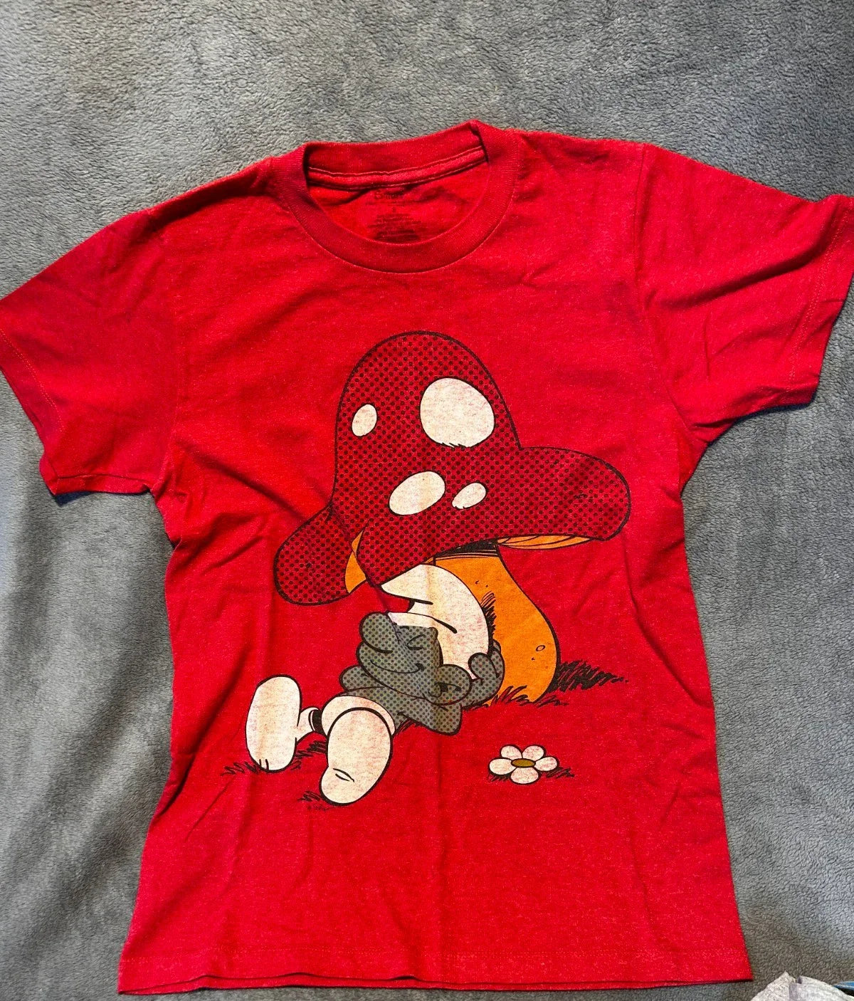 The Smurfs Lazy Smurf Napping Under Mushroom Red Graphic Tee size S Unisex T-shirt, Sweatshirt, Hoodie, Long Sleeve Tee - T-Shirt, Sweatshirt, Hoodie