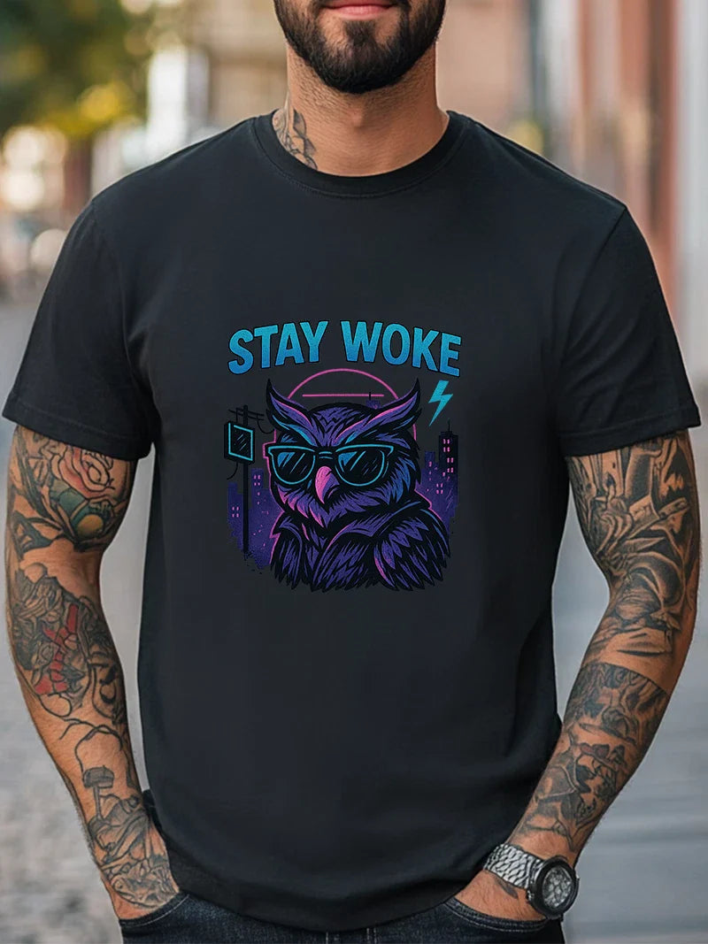 Stay Woke T-Shirt Neon Owl with Shades Graphic Tee Retro Vaporwave Streetwear Unisex T-shirt, Sweatshirt, Hoodie, Long Sleeve Tee - T-Shirt, Sweatshirt, Hoodie