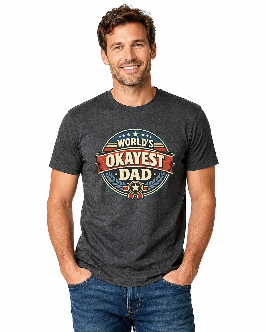 Worlds Okayest Dad Shirt Funny Fathers Day Gift Retro Badge Dad Joke Graphic Tee Unisex T-shirt, Sweatshirt, Hoodie, Long Sleeve Tee - T-Shirt, Sweatshirt, Hoodie