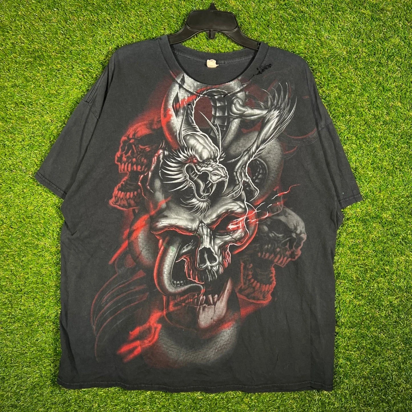 Vintage Dragon Skull Graphic T-Shirt Black Distressed Goth Biker XL Y2K Unisex T-shirt, Sweatshirt, Hoodie, Long Sleeve Tee - T-Shirt, Sweatshirt, Hoodie