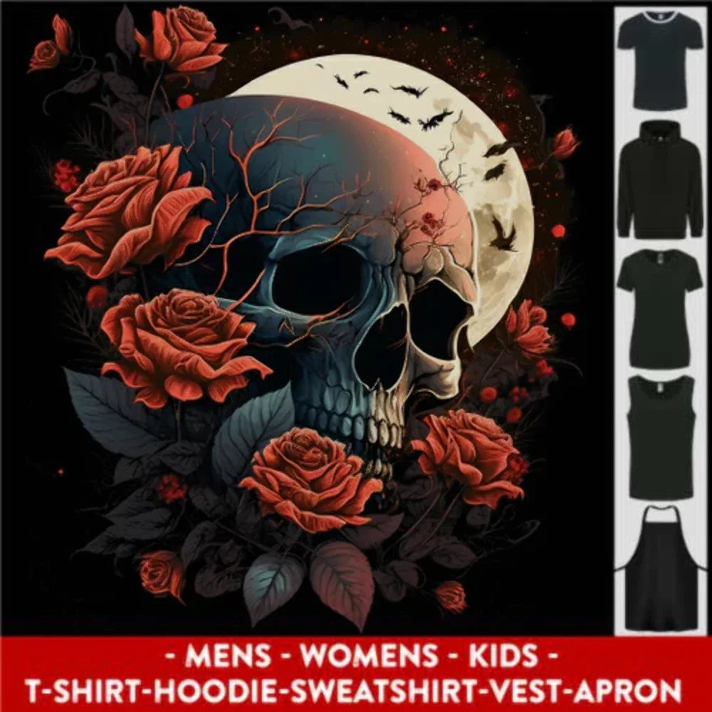 A Dark Fantasy Skull With Roses and Moon Mens Womens Kids Unisex Unisex T-shirt, Sweatshirt, Hoodie, Long Sleeve Tee - T-Shirt, Sweatshirt, Hoodie