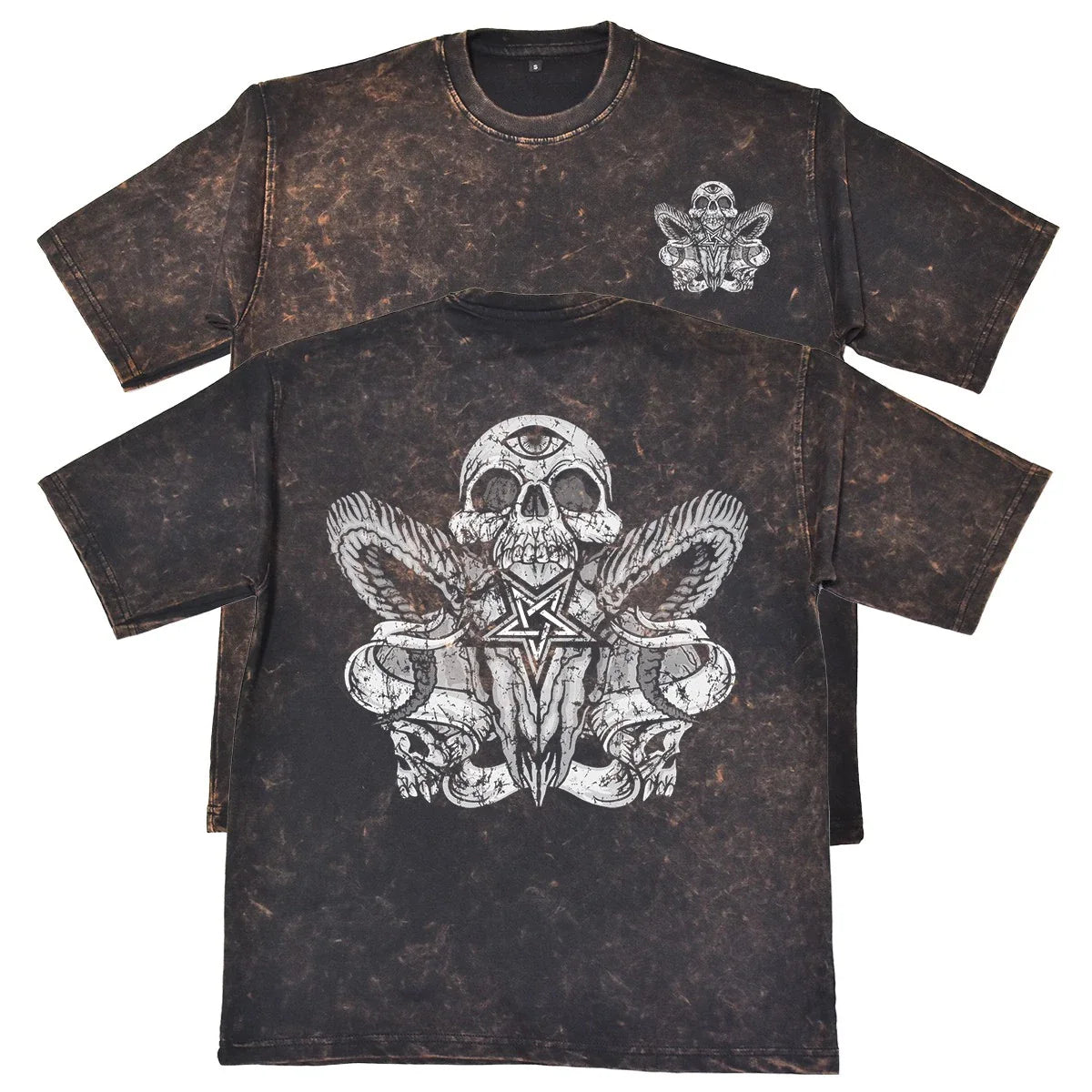 Skull Pentagram Graphic Unisex Mens Rust 240gsm French Terry Acid Wash T-Shirt Unisex T-shirt, Sweatshirt, Hoodie, Long Sleeve Tee - T-Shirt, Sweatshirt, Hoodie